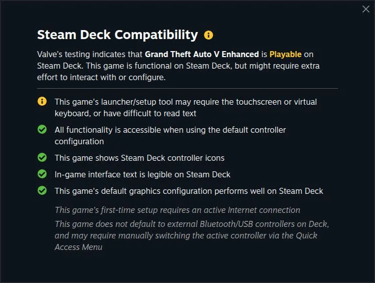 Thông báo cảnh báo từ Steam về vấn đề tương thích khi chơi GTA V trên Steam Deck