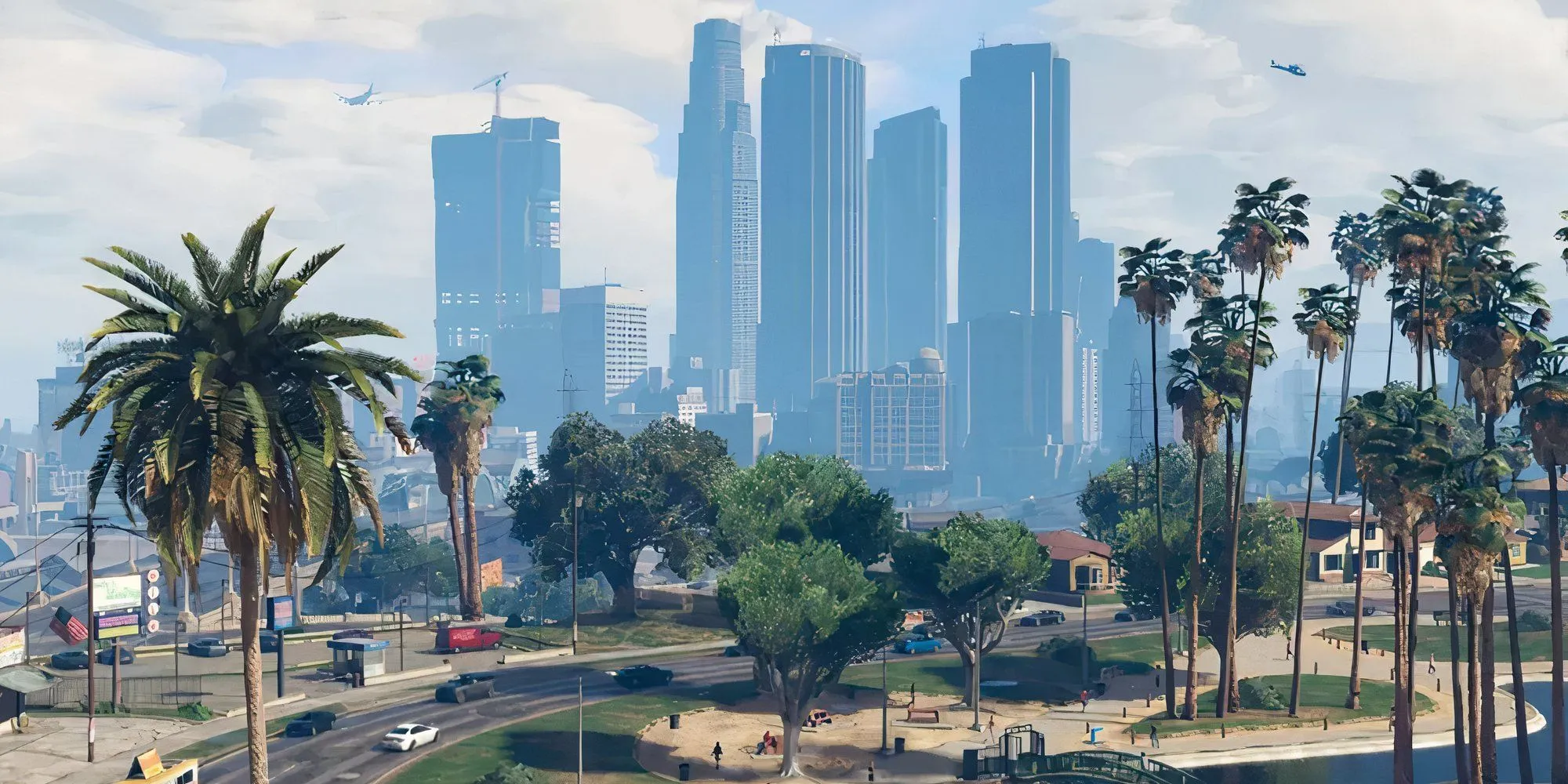 Toàn cảnh thành phố Los Santos trong Grand Theft Auto 5 với những tòa nhà chọc trời và đường phố tấp nập