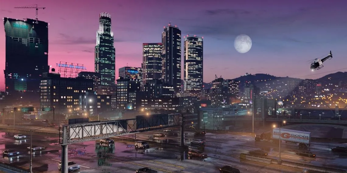 Toàn cảnh thành phố Los Santos trong GTA V nhìn từ trên cao, nổi bật với các tòa nhà chọc trời, đường cao tốc uốn lượn và ánh đèn đô thị