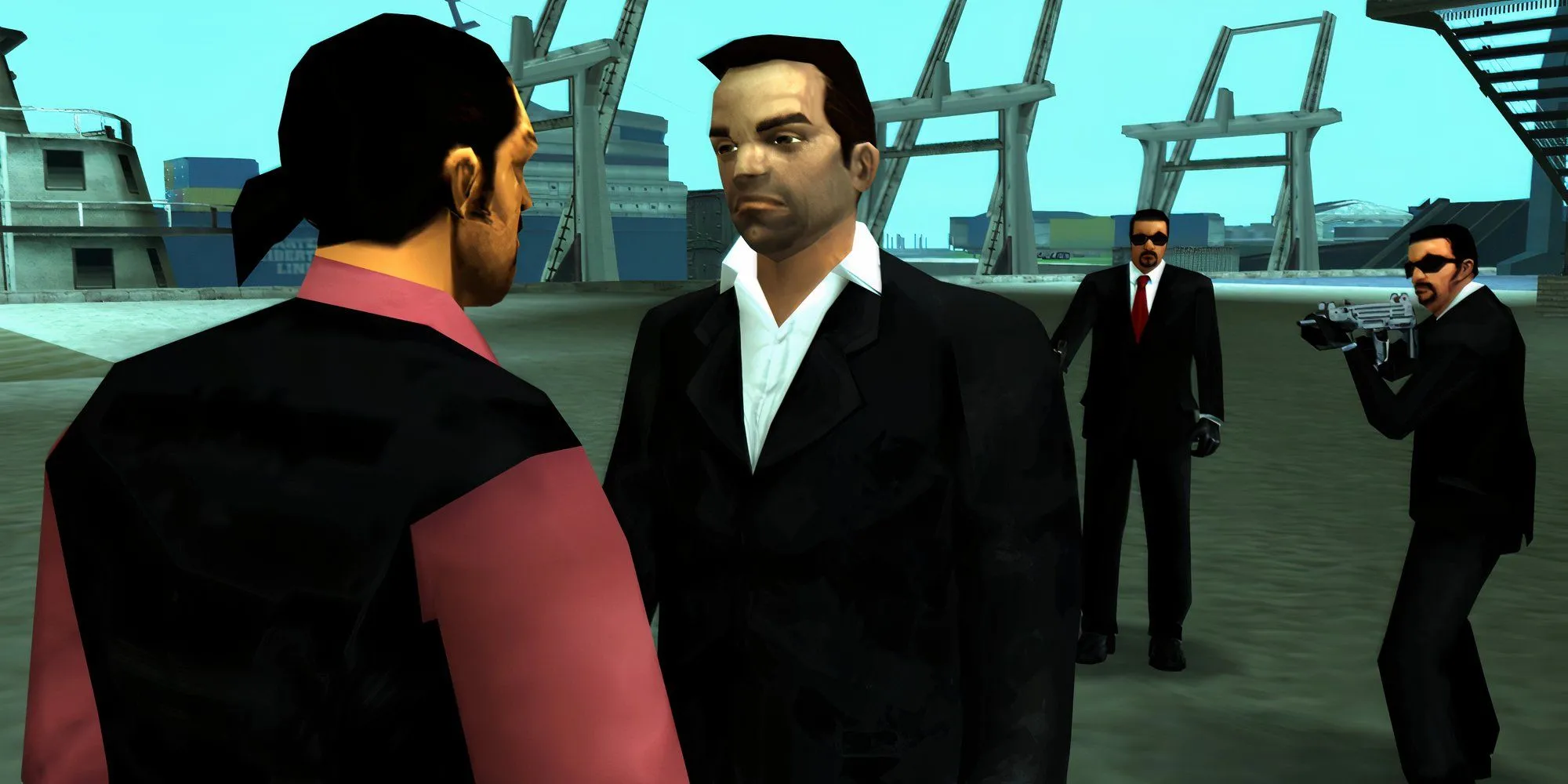Toni Cipriani đang nói chuyện với ai đó và được bao quanh bởi súng trong GTA Liberty City Stories