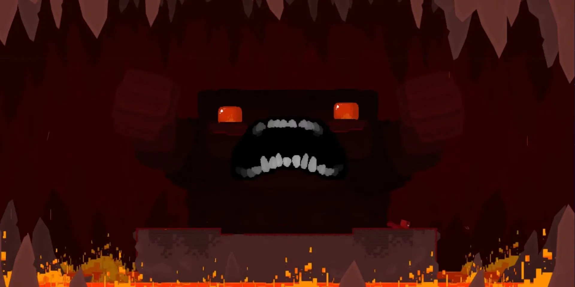 Trận chiến boss Little Horn trong Super Meat Boy, Meat Boy đang chạy trốn đòn tấn công