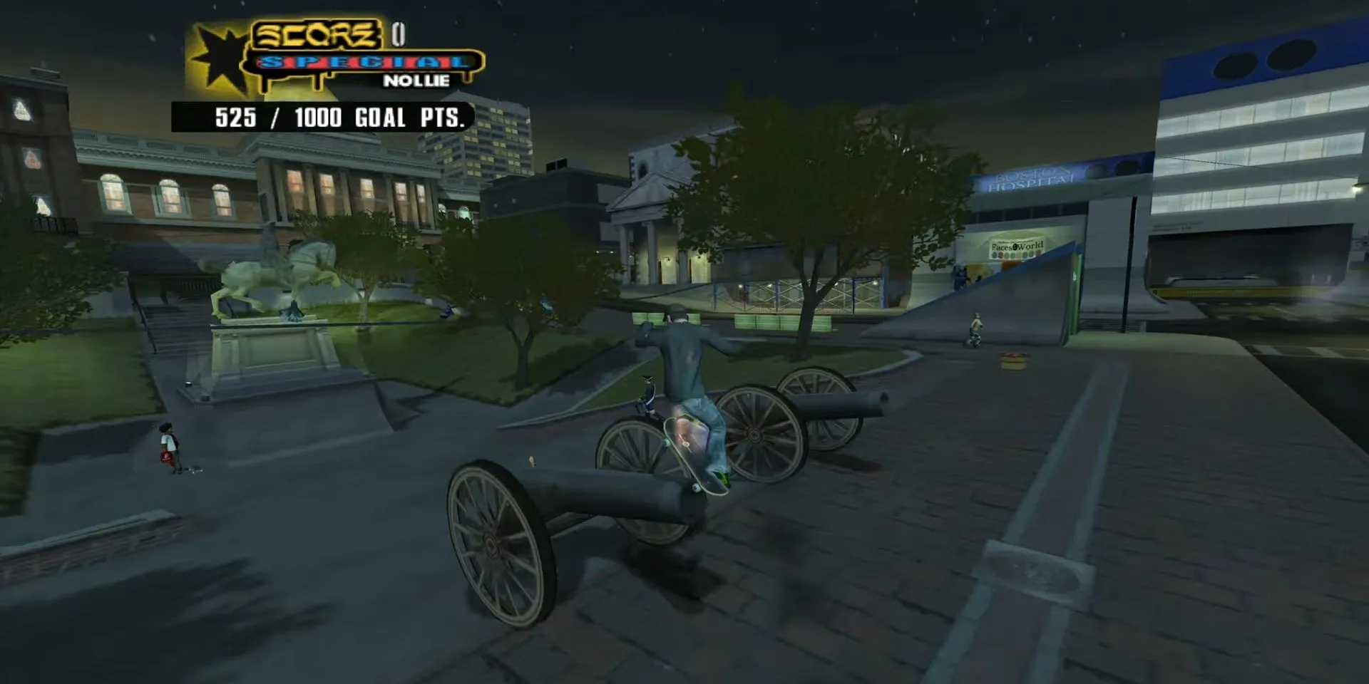 Vận động viên trượt ván thực hiện kỹ thuật grind trên khẩu pháo trong Tony Hawk's Underground 2.