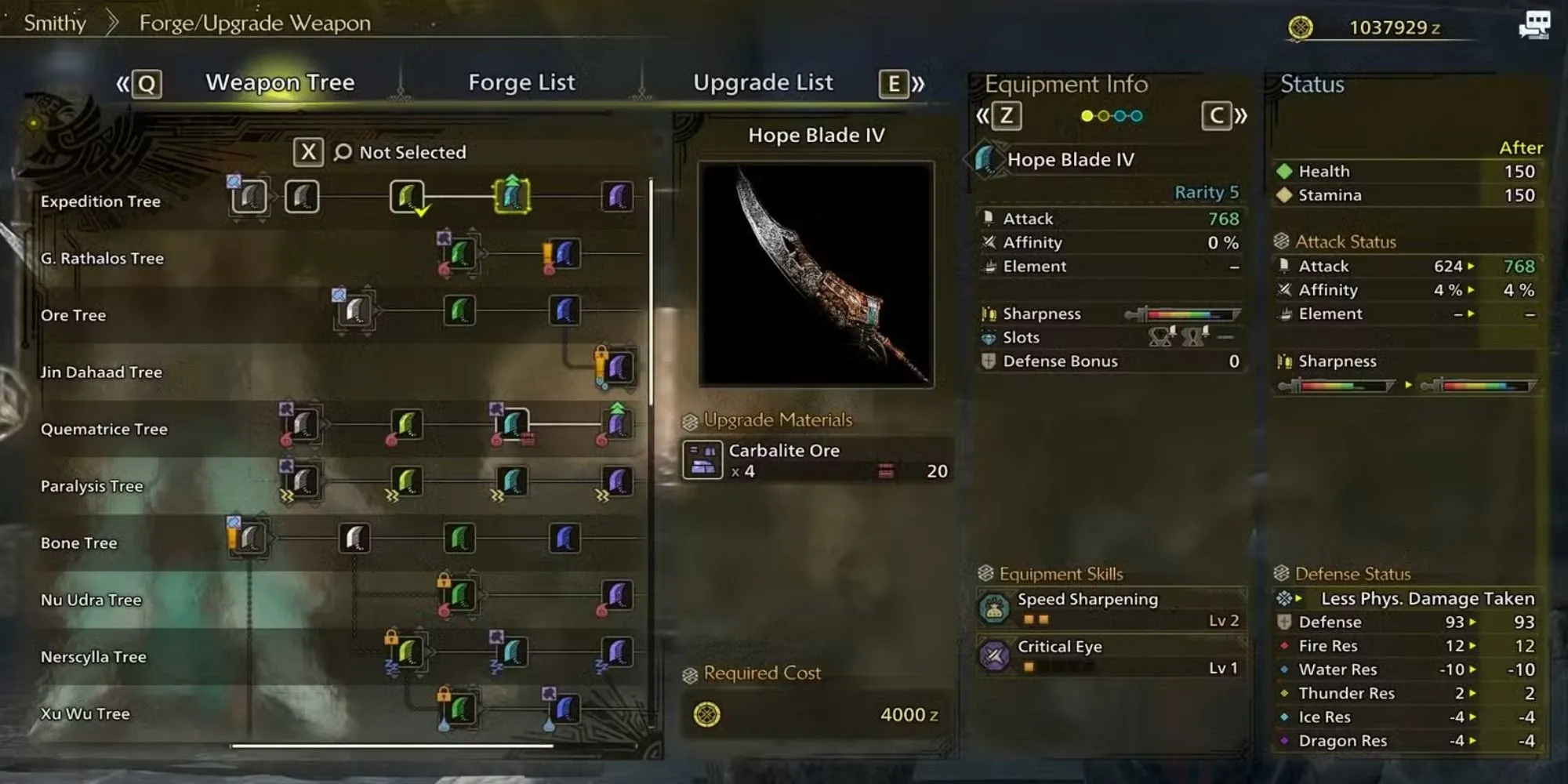 Vũ khí đại kiếm Hope Blade I trong menu thợ rèn ở Monster Hunter Wilds