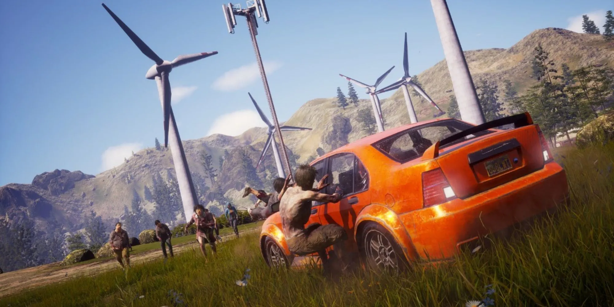 Xe hơi màu cam trong State of Decay 2 bị zombie tấn công, tuabin gió ở phía sau