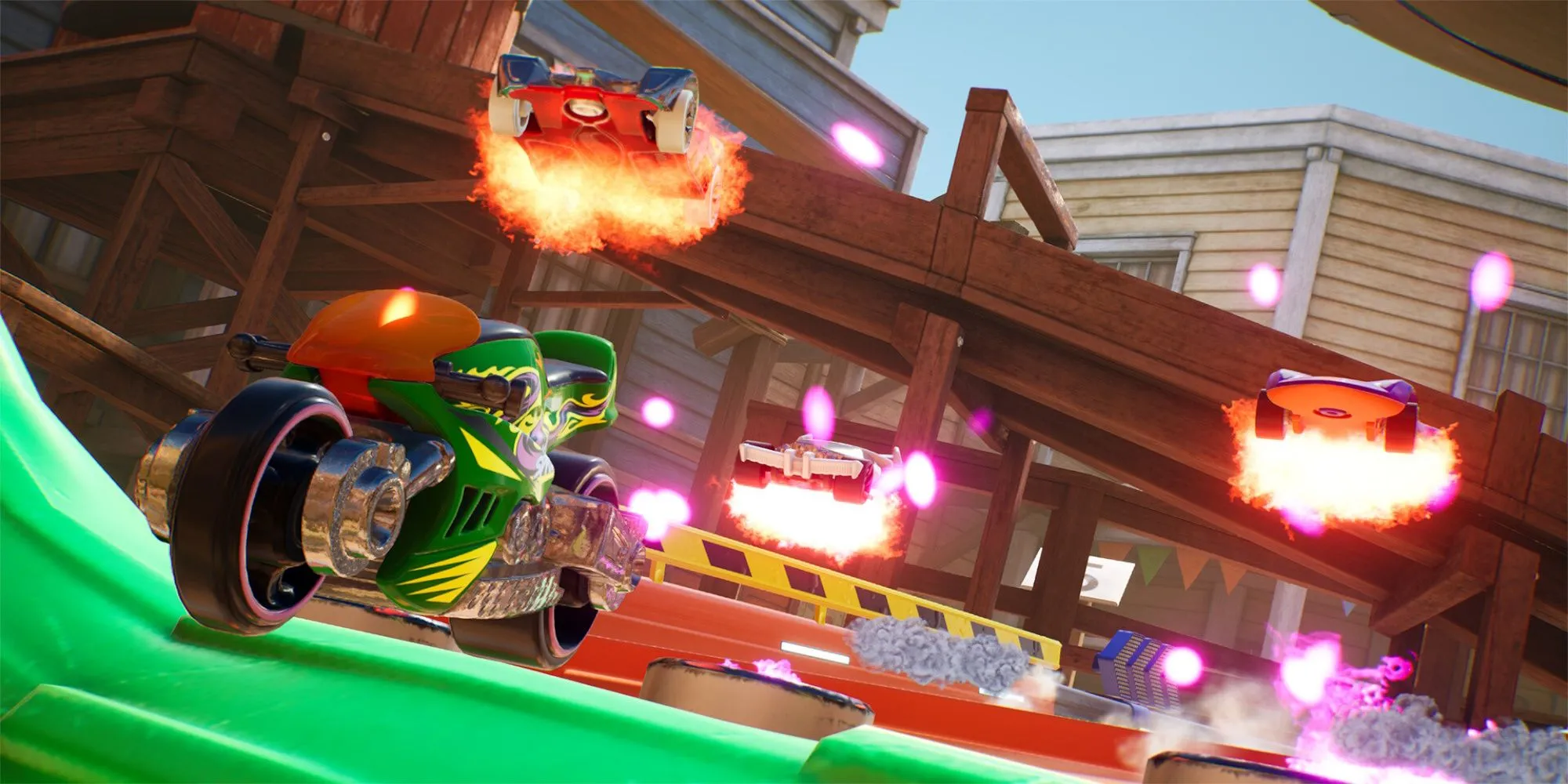 Xe Hot Wheels màu cam đang drift trên đường đua nhựa dẻo đầy màu sắc trong Hot Wheels Unleashed 2 Turbocharged