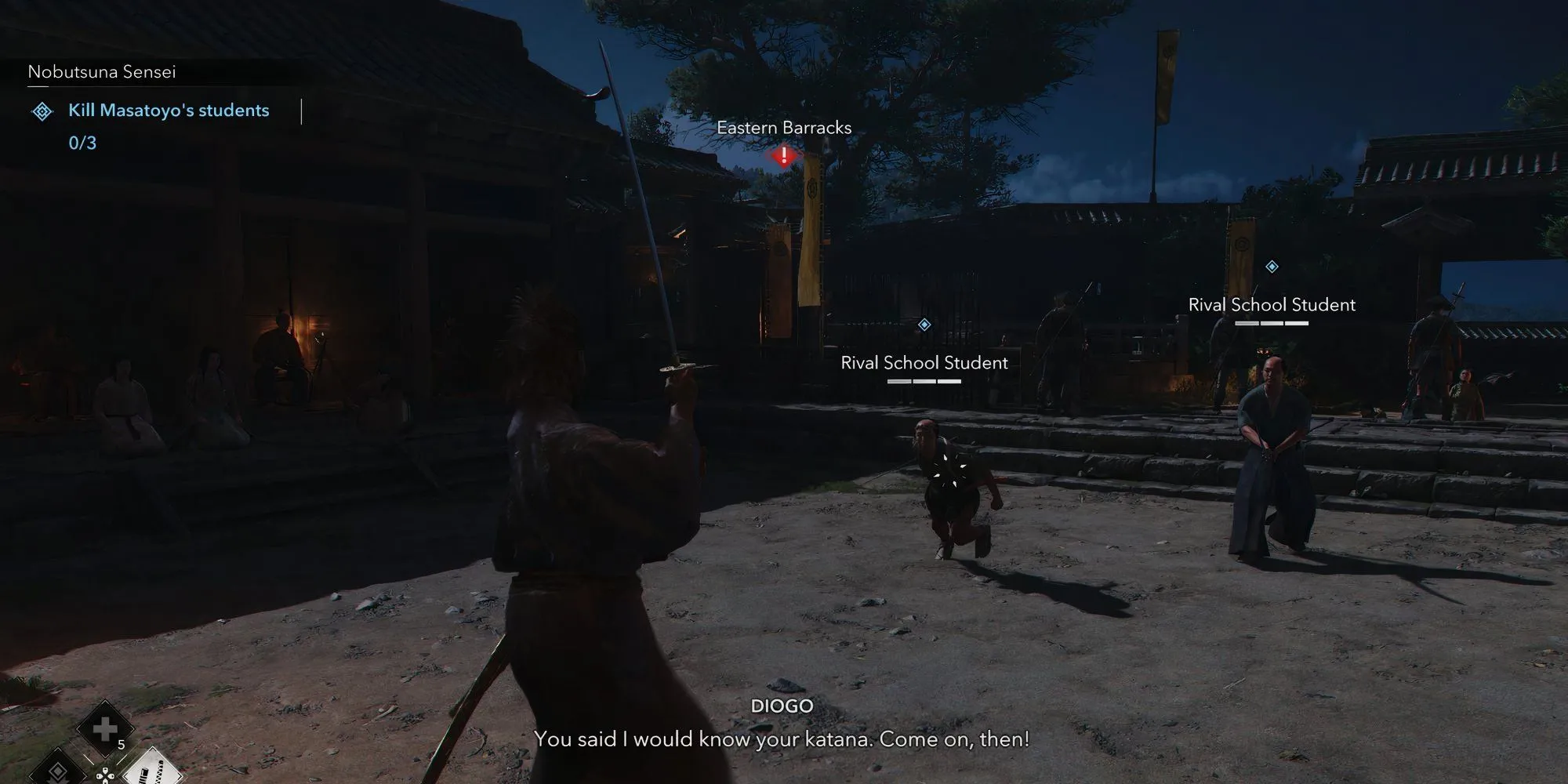 Yasuke đối mặt với học trò đối thủ trong một trận đấu kiếm tại Assassin's Creed Shadows
