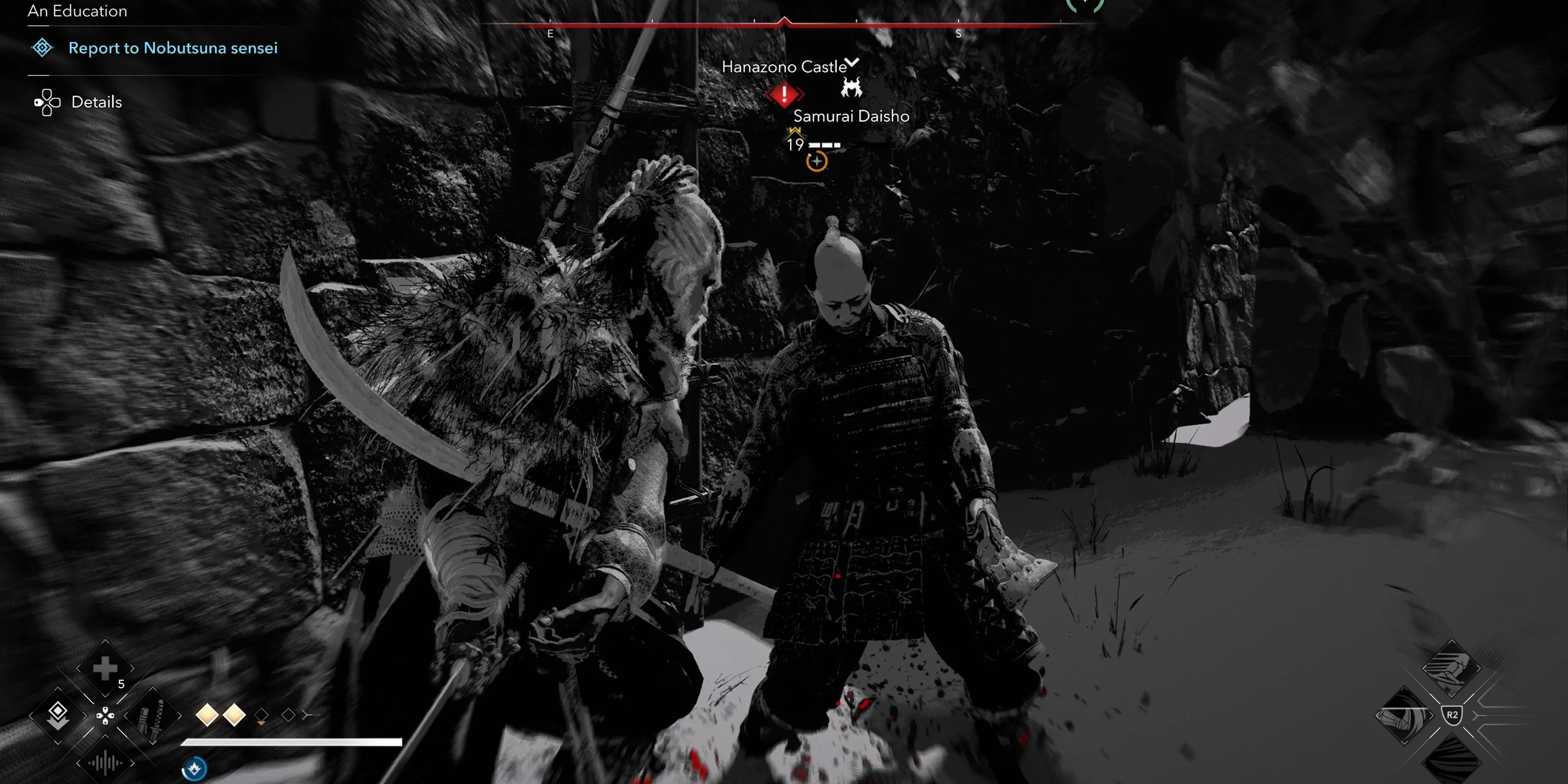 Yasuke sử dụng kỹ năng tấn công các Samurai Daisho trong Assassin's Creed Shadows