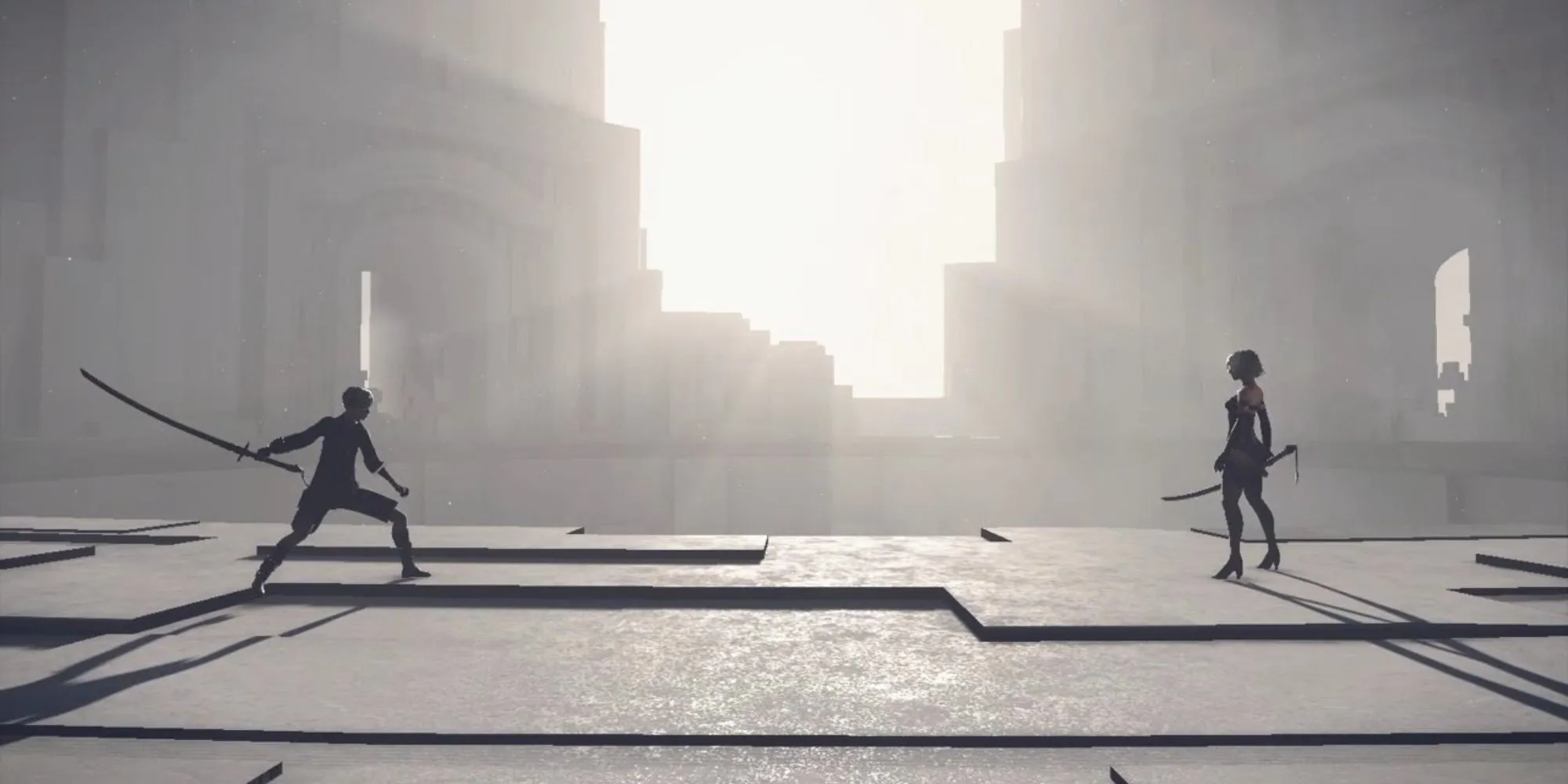 2b và a2 đối đầu trong một cảnh chiến đấu của nier automata