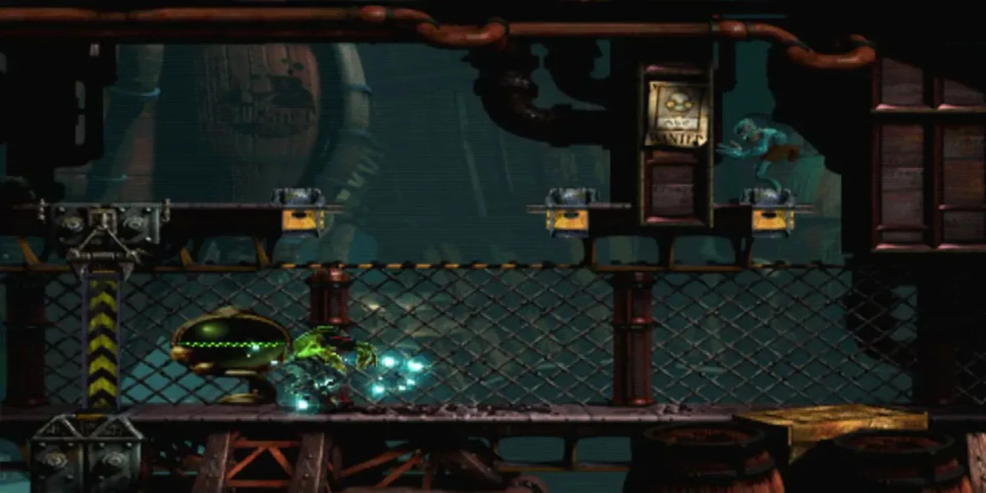 Abe, nhân vật chính trong game Oddworld: Abe's Exoddus trên PS1, trong một cảnh giải đố môi trường đặc trưng của series.