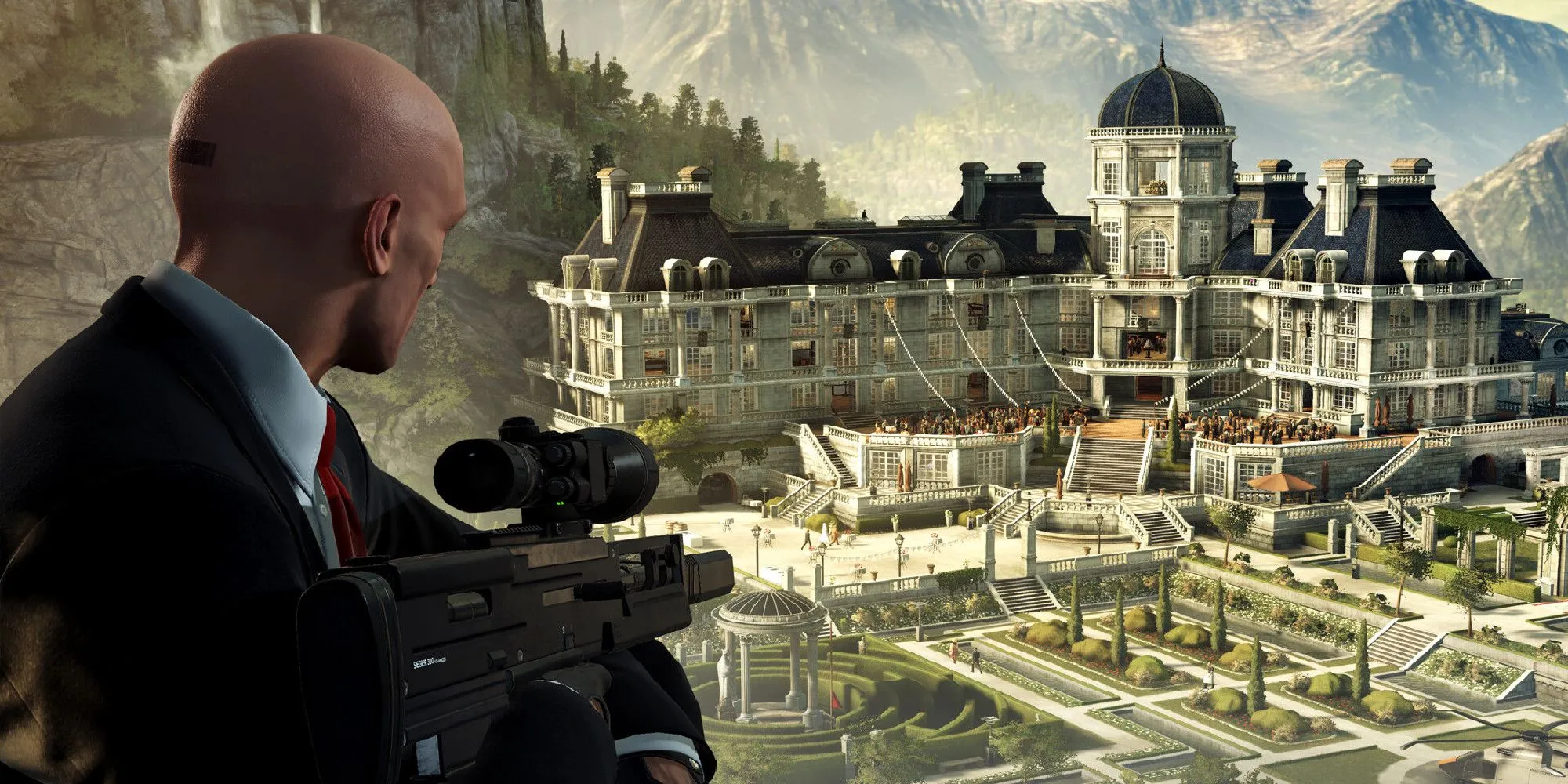Agent 47 cầm súng bắn tỉa trong Hitman World of Assassination