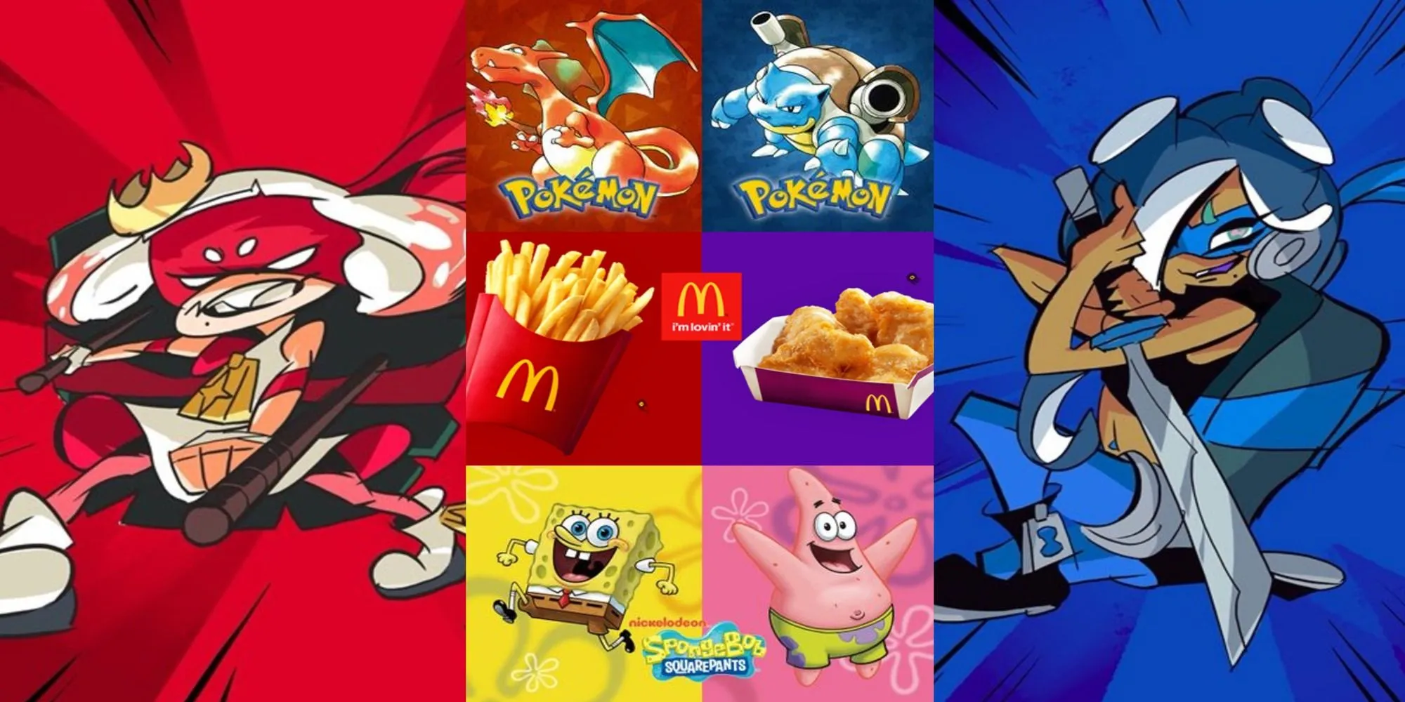 Ảnh bìa Splatfest Splatoon 2 với chủ đề Pokemon Red Blue và SpongeBob Patrick