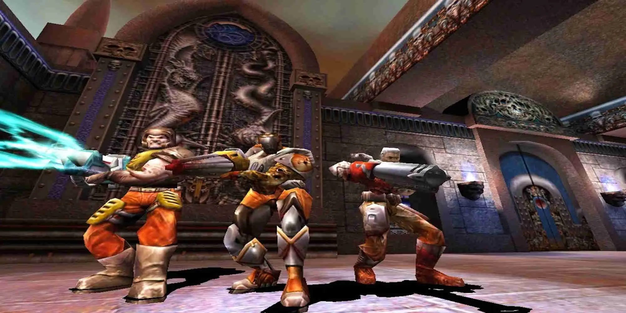 Ảnh đồ họa cũ của Quake 3 Arena, thể hiện gameplay bắn súng góc nhìn thứ nhất tốc độ cao
