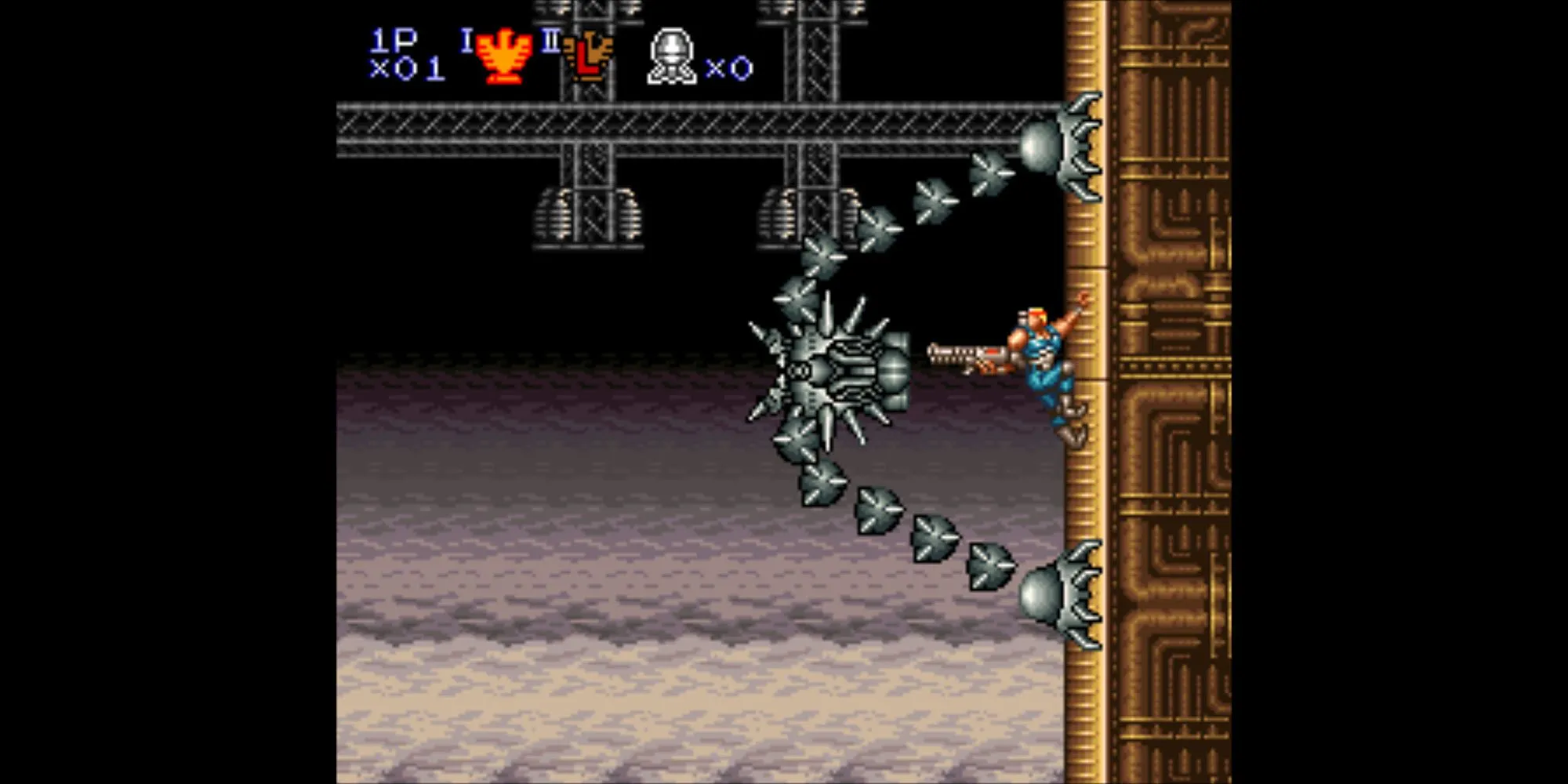 Ảnh gameplay Contra III The Alien Wars trên SNES, hiển thị nhân vật bắn súng trong màn chơi hành động góc nhìn từ trên xuống