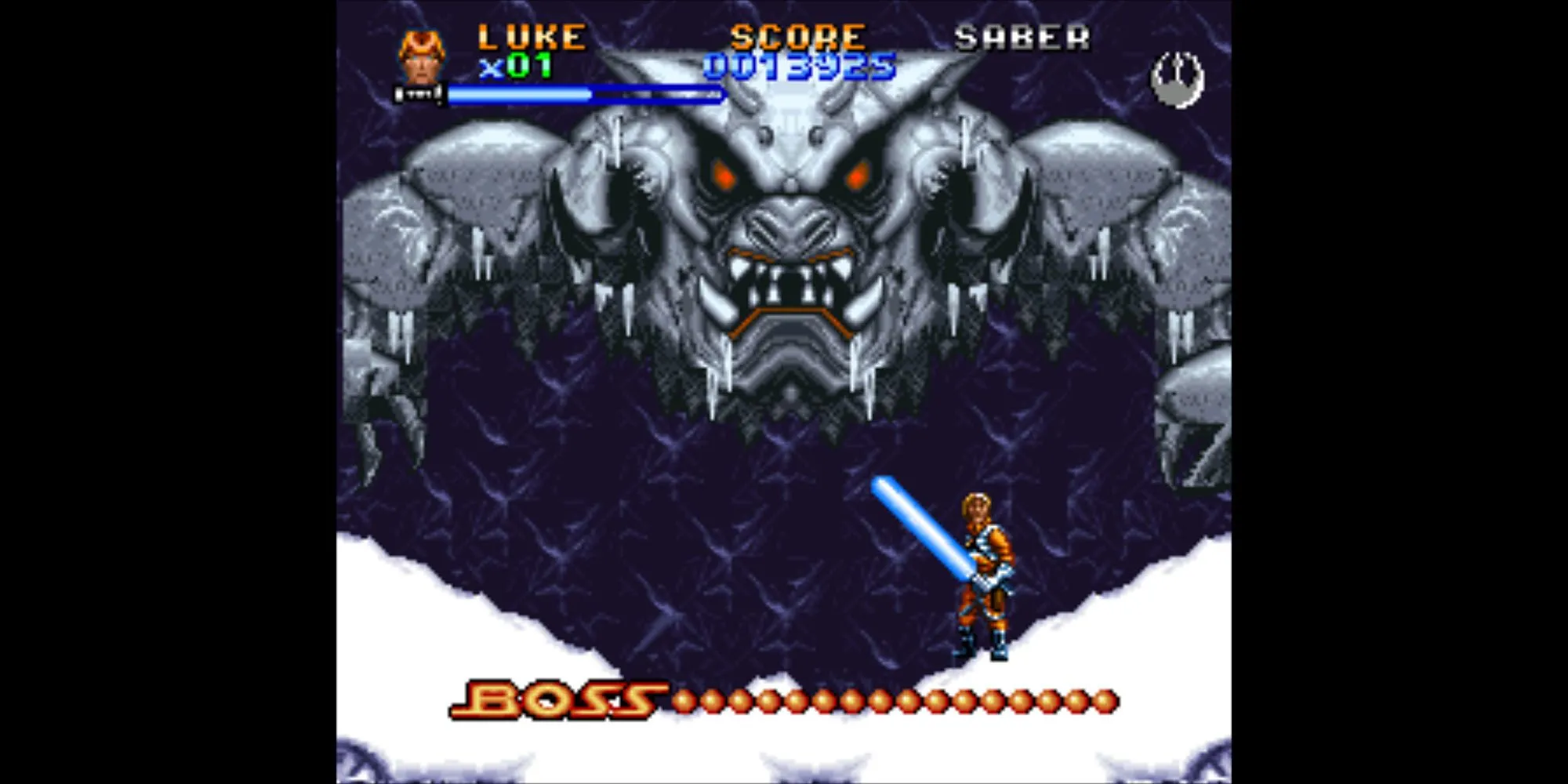 Ảnh gameplay Super Star Wars The Empire Strikes Back SNES, hiển thị Luke Skywalker chiến đấu trên hành tinh Hoth