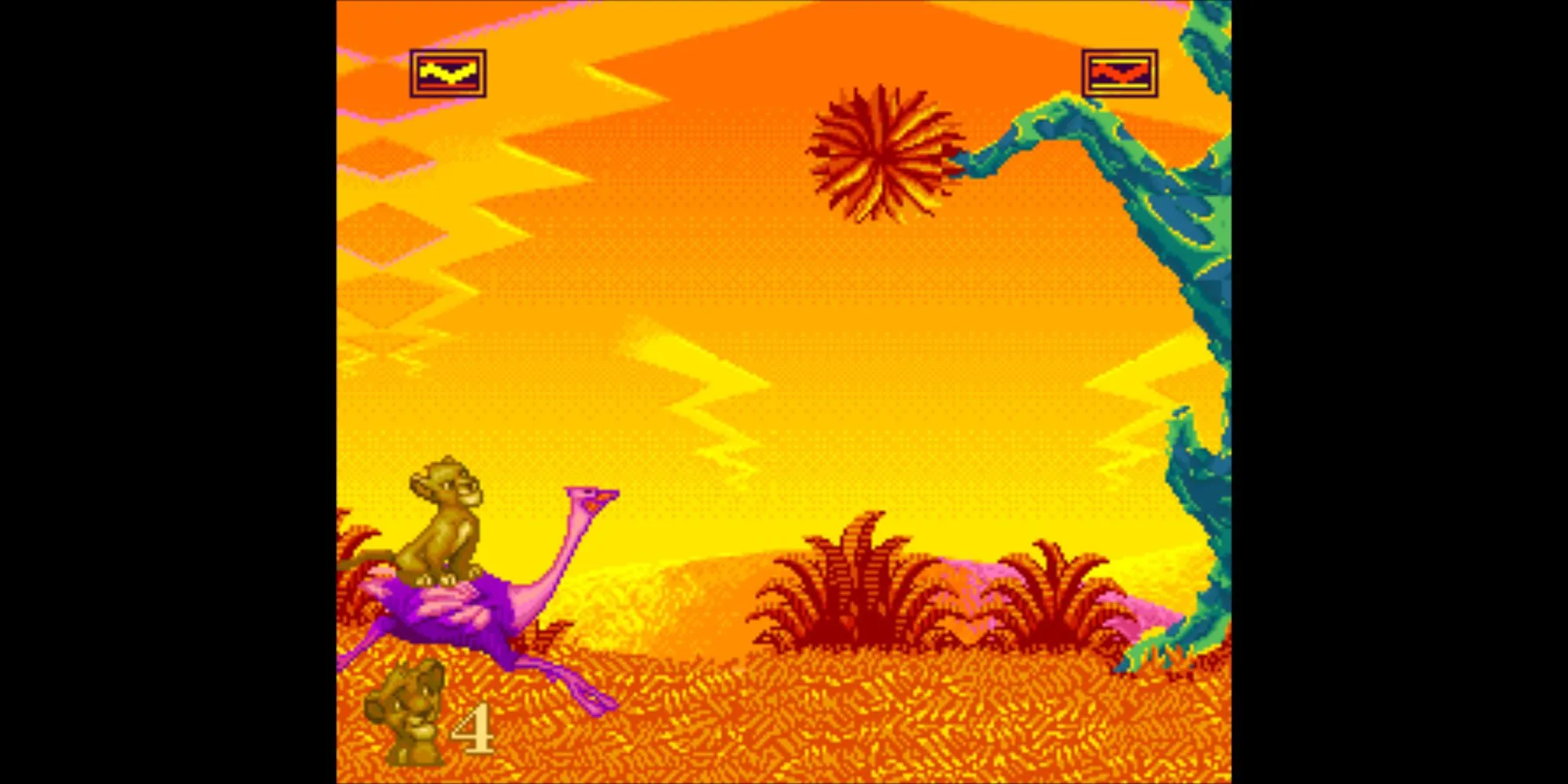 Ảnh gameplay The Lion King SNES, hiển thị Young Simba trong một màn chơi platforming