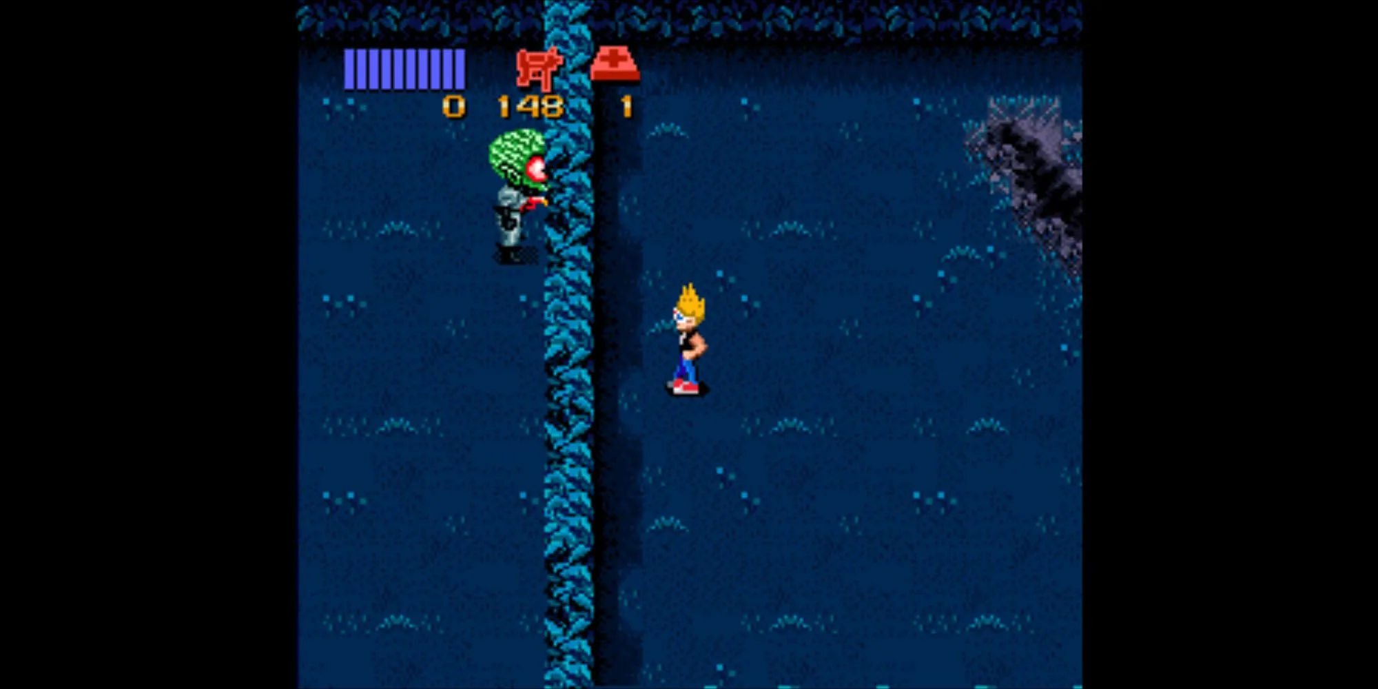 Ảnh gameplay Zombies Ate My Neighbors trên SNES, hiển thị nhân vật người chơi chạy khỏi zombie và quái vật