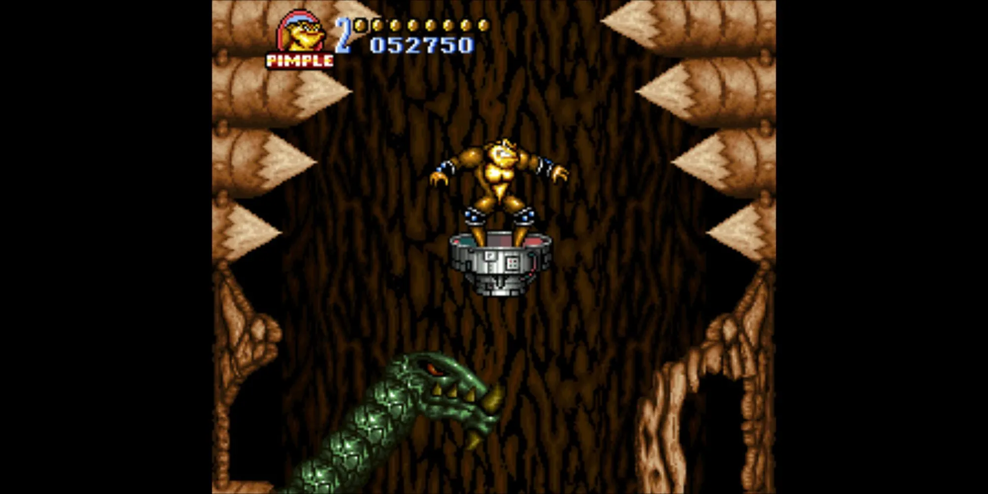 Ảnh màn hình Battletoads in Battlemaniacs SNES, hiển thị nhân vật Battletoads đánh đấm trong môi trường platformer