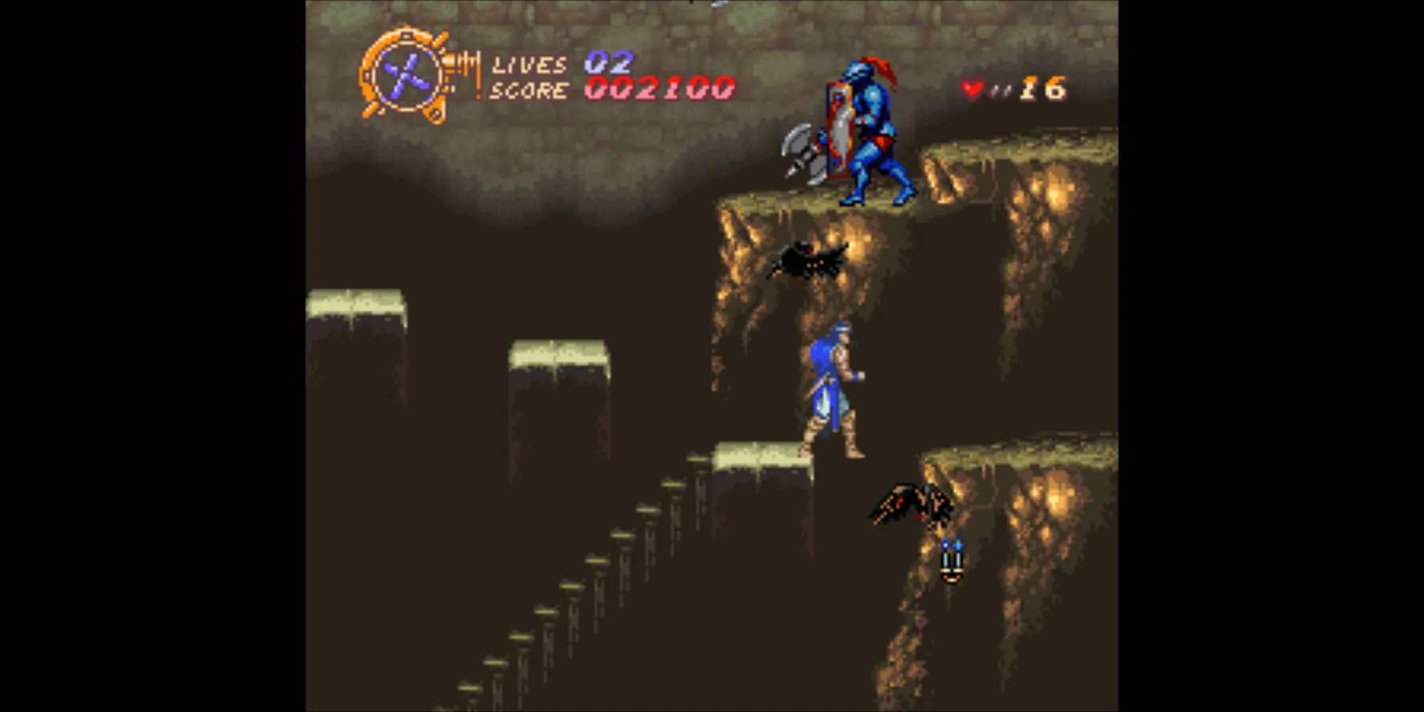 Ảnh màn hình Castlevania Dracula X SNES, hiển thị Richter Belmont chiến đấu trong lâu đài Dracula