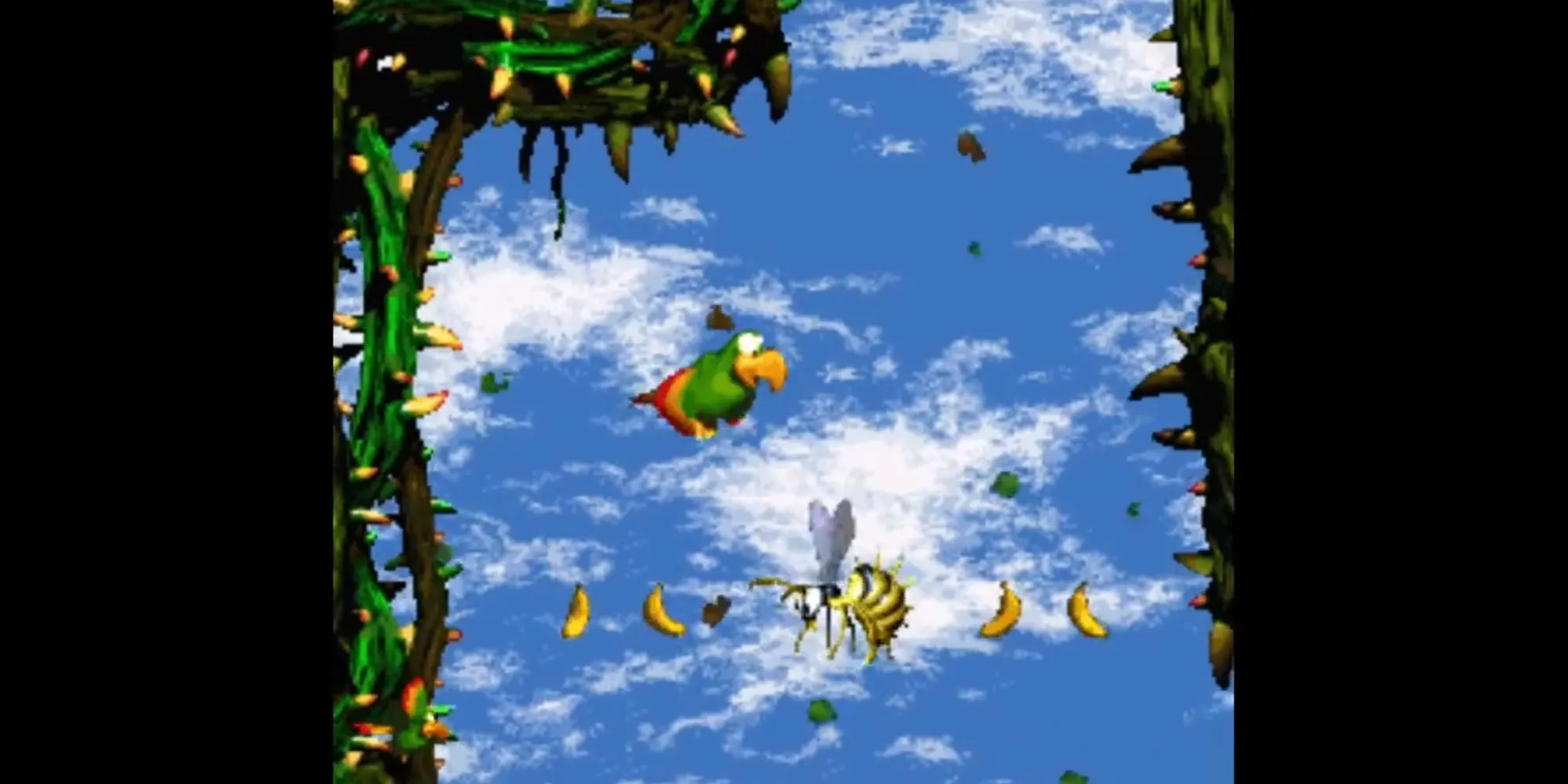 Ảnh màn hình Donkey Kong Country 2 SNES, với Diddy Kong và Dixie Kong nhảy trong màn chơi rừng rậm