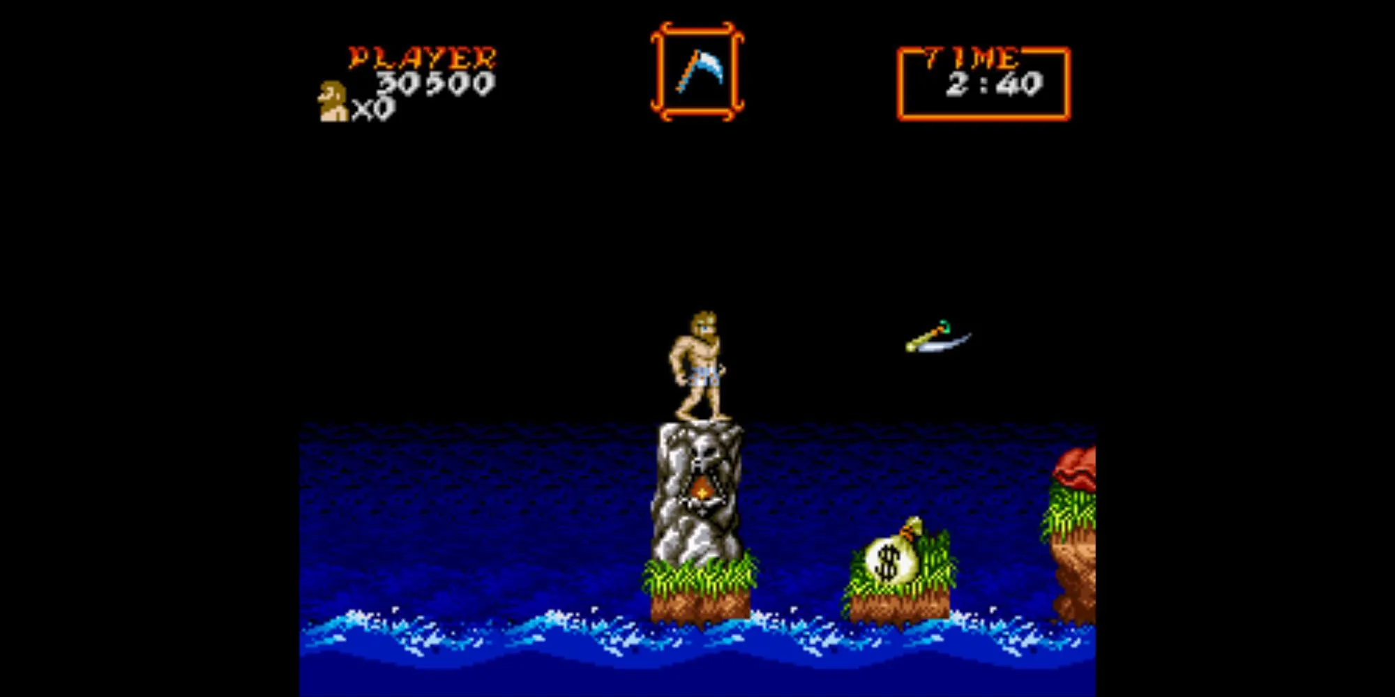 Ảnh màn hình Super Ghouls N Ghosts trên SNES, hiển thị hiệp sĩ Arthur mặc giáp