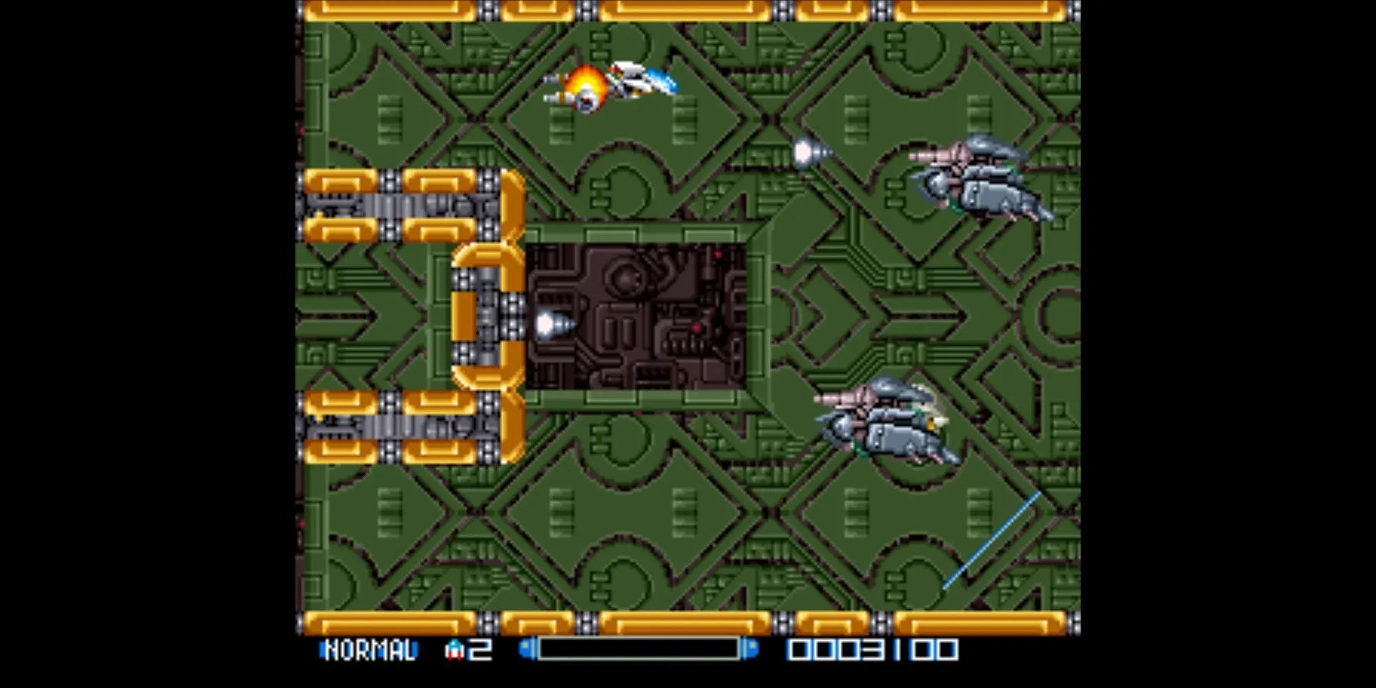Ảnh màn hình Super R-Type SNES, hiển thị tàu vũ trụ người chơi né đạn trong màn chơi shoot 'em up