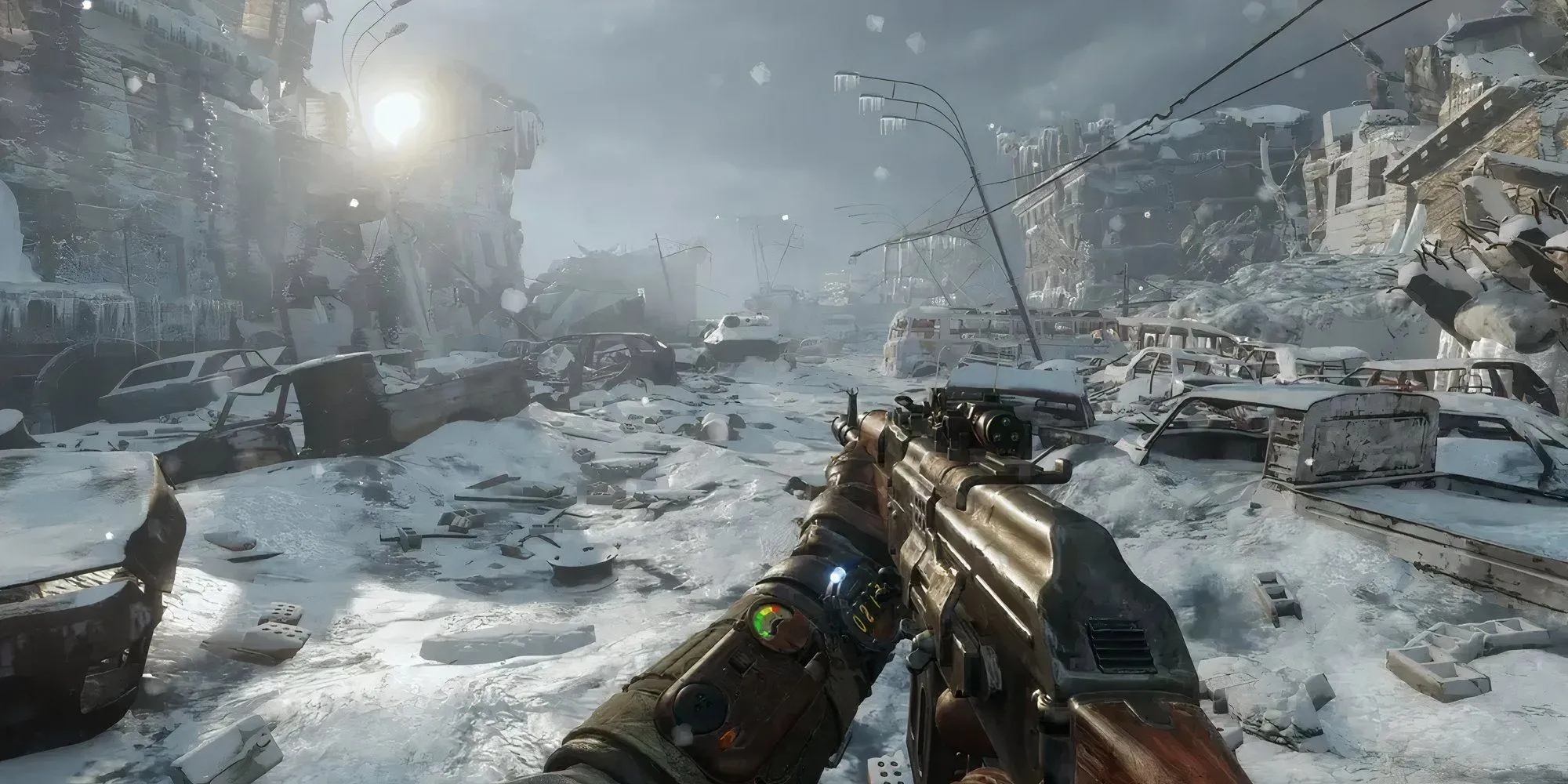 Bối cảnh đông lạnh trong Metro Exodus mô tả sự khắc nghiệt của thế giới hậu tận thế.