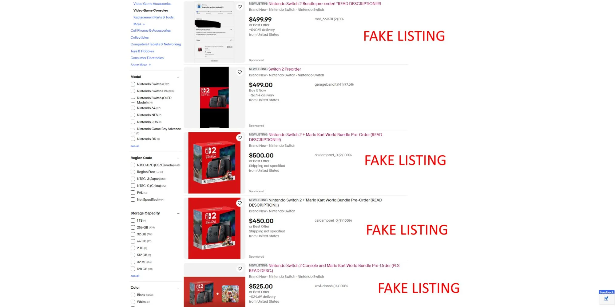 Các listing giả Nintendo Switch 2 trên eBay do cộng đồng tạo ra để chống scalper