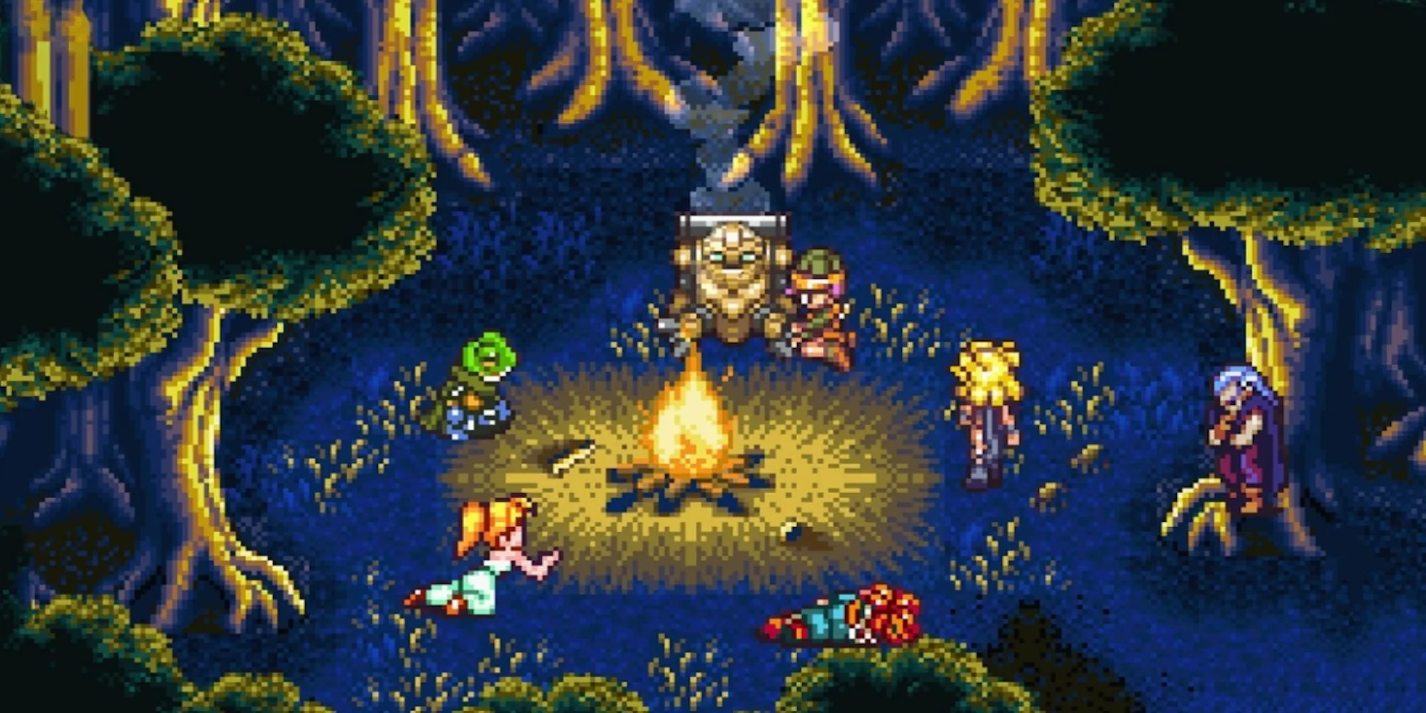 Các nhân vật chính của Chrono Trigger tụ tập bên lửa trại, biểu tượng của chuyến du hành thời gian