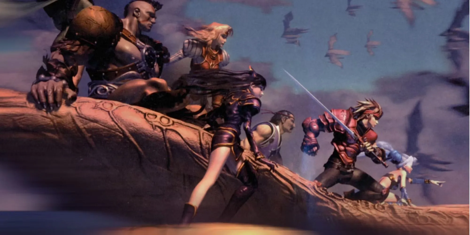 Các nhân vật Dart, Meru và Kongol cưỡi rồng trong Legend of Dragoon, game JRPG kinh điển PS1 với cơ chế combat độc đáo