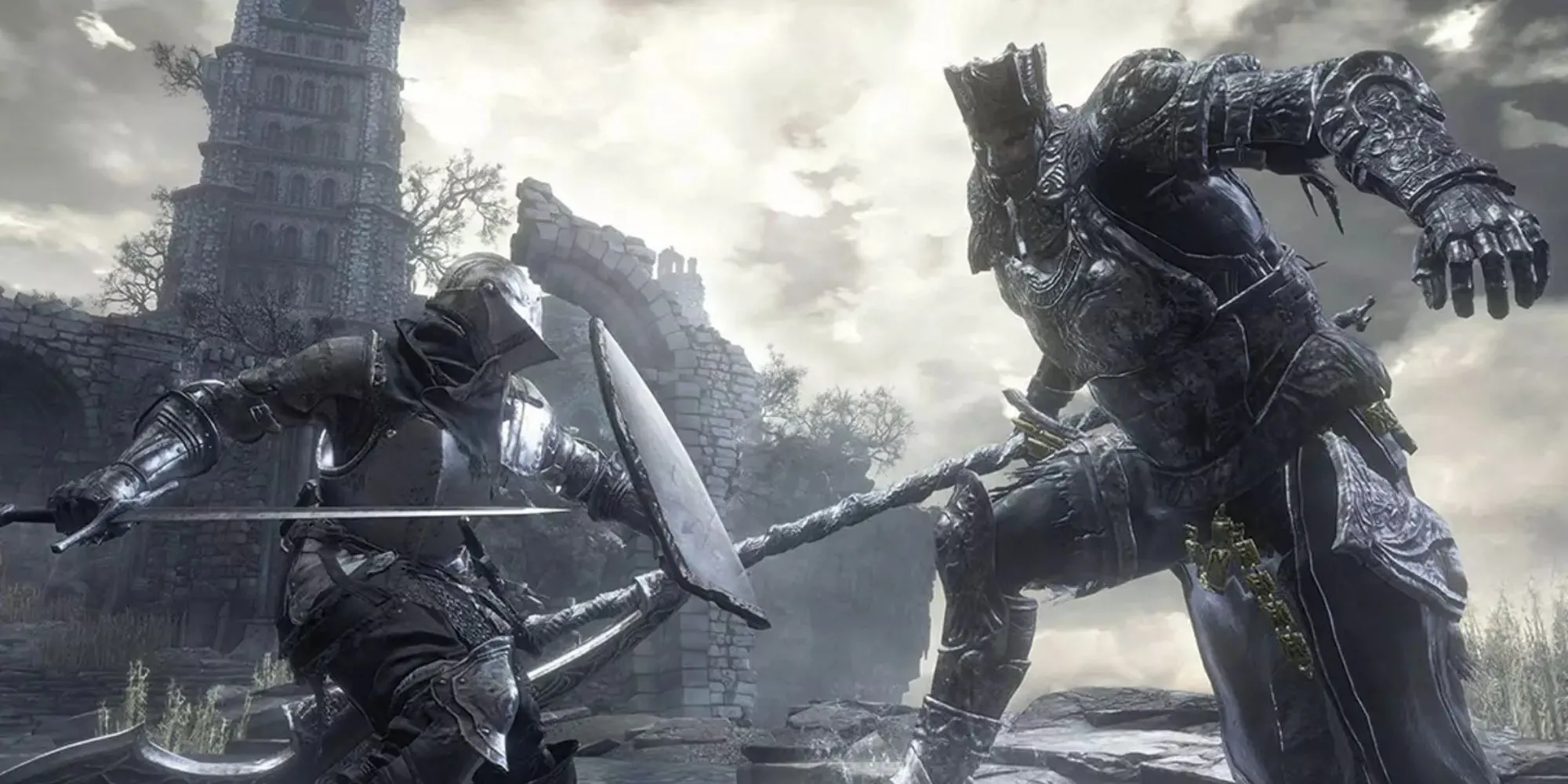 Cảnh chiến đấu căng thẳng trong Dark Souls 3, thể hiện lối chơi đặc trưng của series.