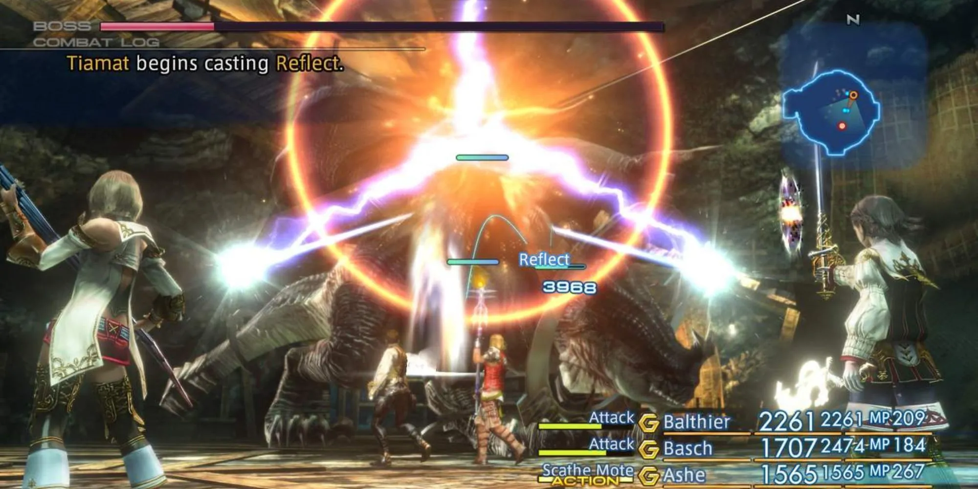 Cảnh chiến đấu với trùm trong Final Fantasy XII, minh họa hệ thống Gambit và các thử thách cuối game