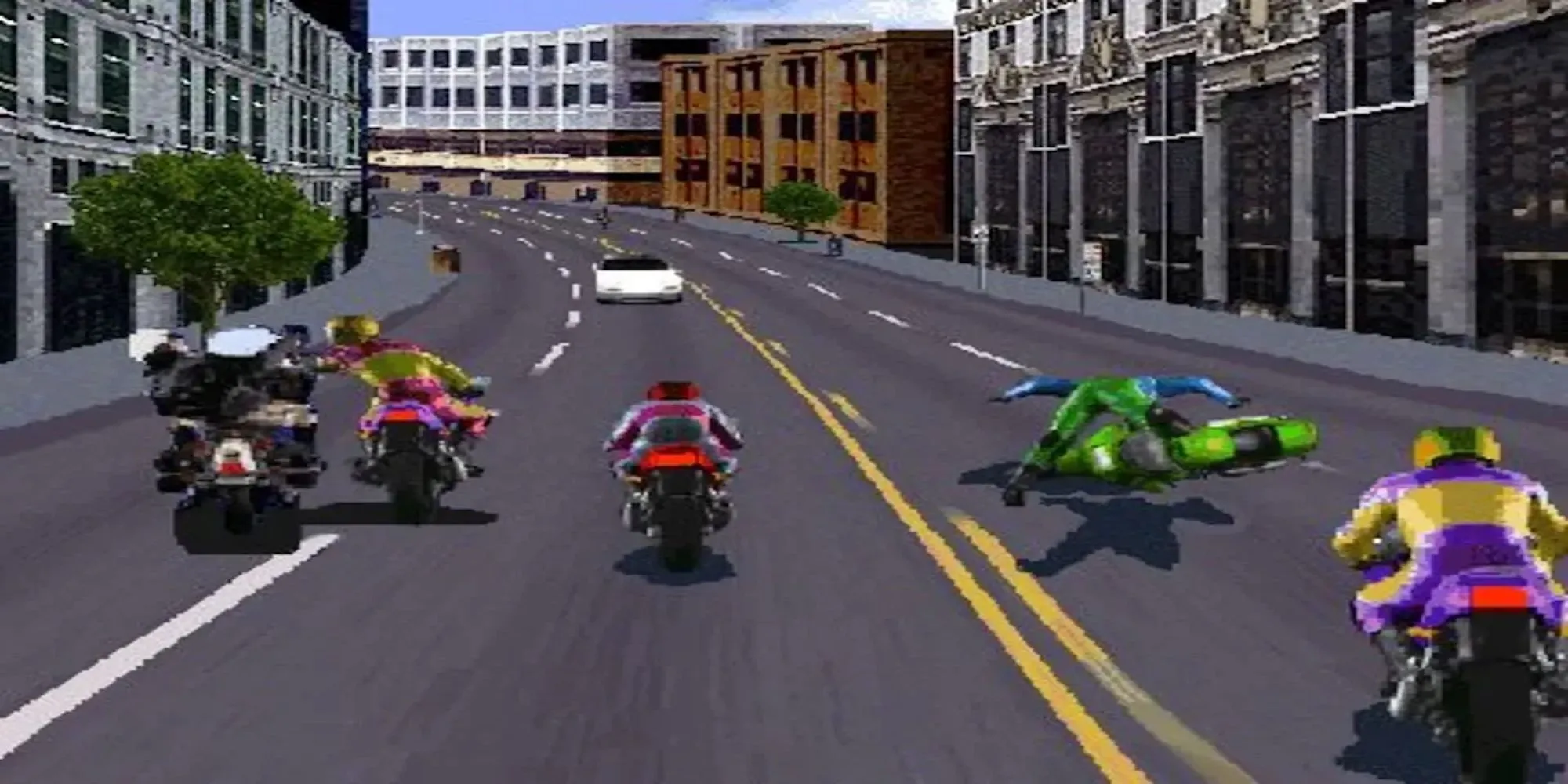 Cảnh đua xe và đánh nhau trong game Road Rash trên PS1, thể hiện gameplay hành động độc đáo của dòng game đua mô tô này.