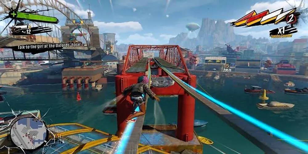 Cảnh hành động hỗn loạn và đầy màu sắc trong Sunset Overdrive, một tựa game bắn súng góc nhìn thứ ba