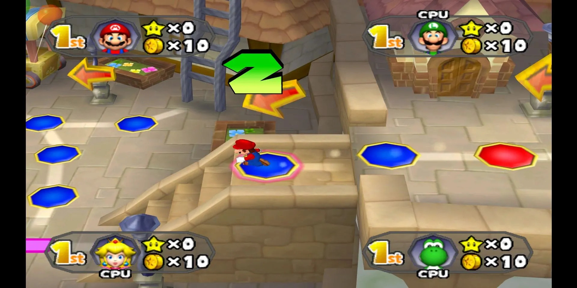 Cảnh màn hình Mario Party 6, người chơi tham gia mini game trên bản đồ Faire Square.