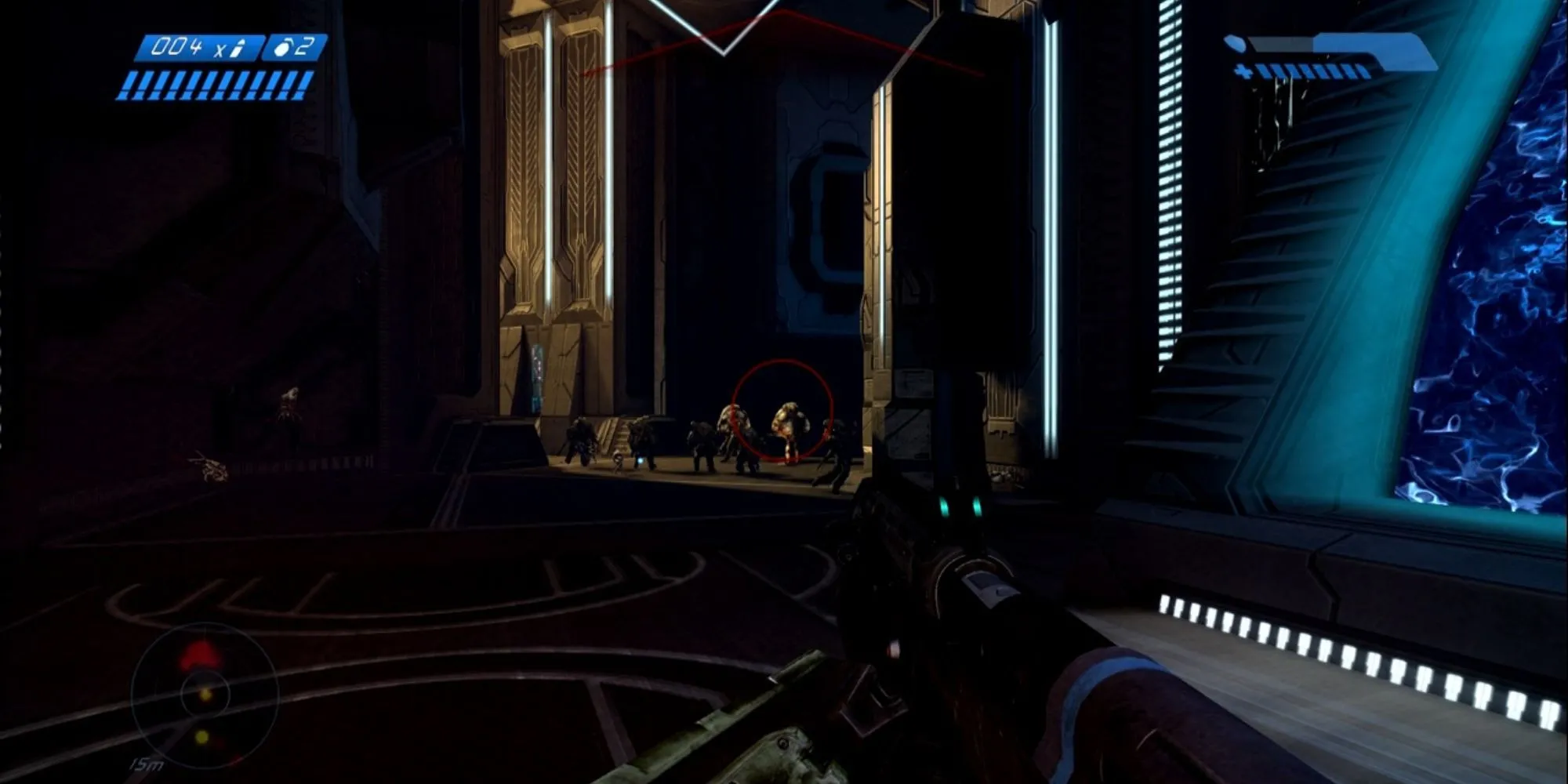Cảnh The Flood trong Halo Combat Evolved Anniversary, thể hiện ở cấp độ The Library được làm lại