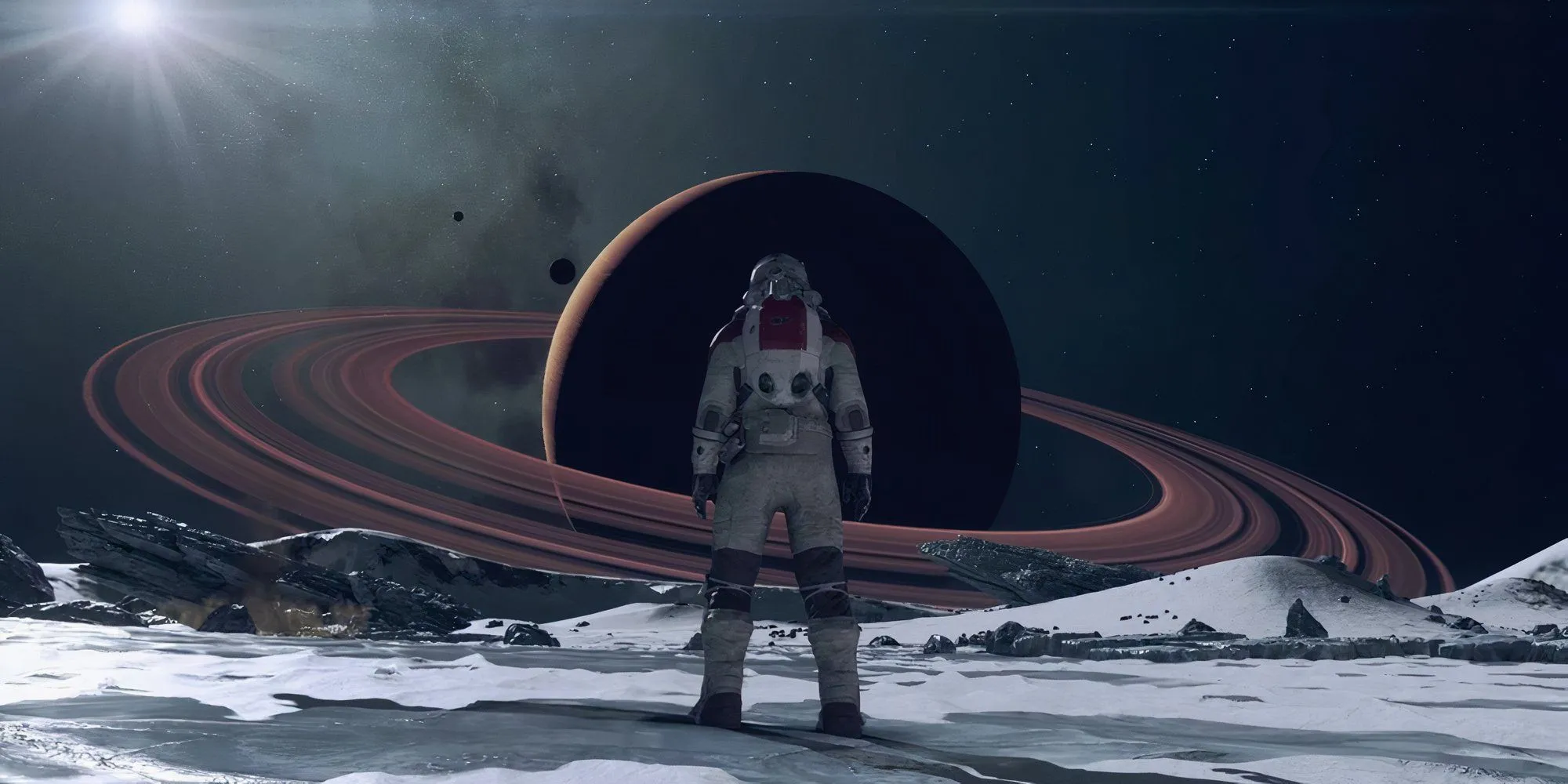 Cảnh trong game Starfield với phi hành gia đứng trước sao Thổ.