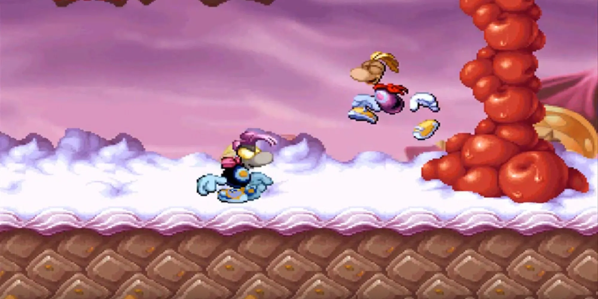Cảnh trong Lâu Đài Kẹo (Candy Château) game Rayman PS1, thể hiện đồ họa 2D đẹp mắt và độ khó đặc trưng.