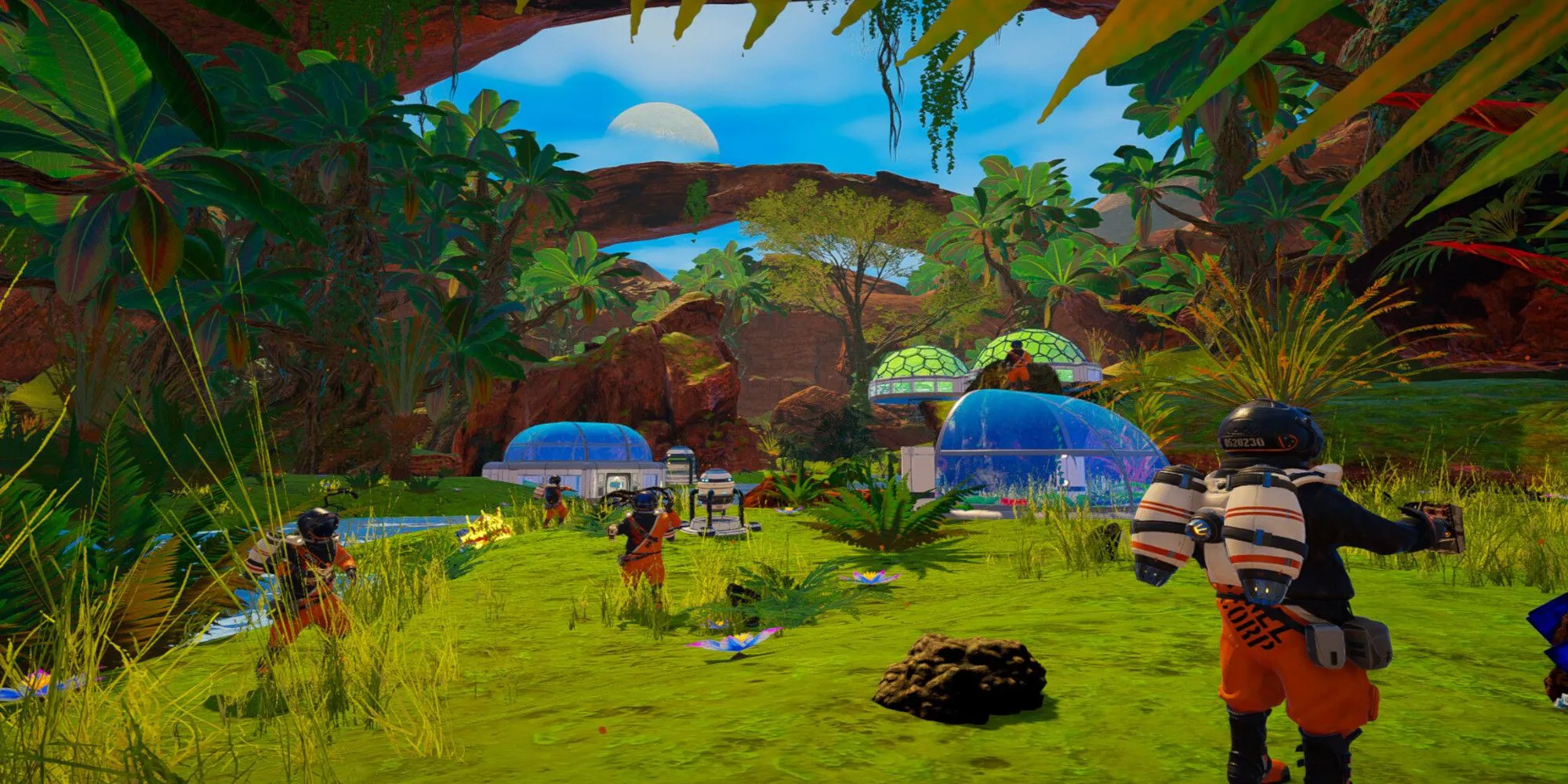 Cảnh trong The Planet Crafter với các nhà mái vòm và đang canh tác đất đai