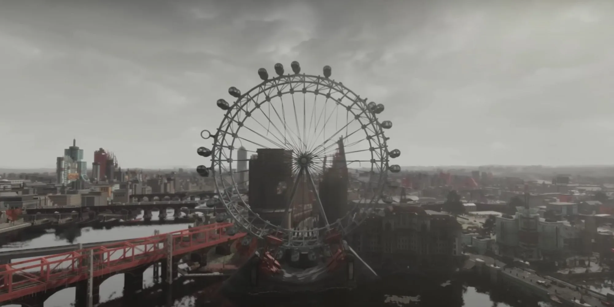 Cảnh tượng Vòng quay London Eye, một trong những địa điểm mang tính biểu tượng được tái hiện trong Fallout London