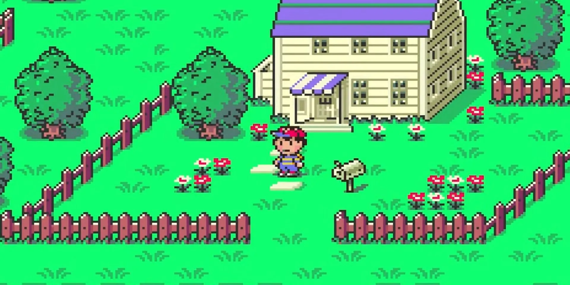 Cậu bé Ness đứng trước ngôi nhà quen thuộc trong game RPG Earthbound