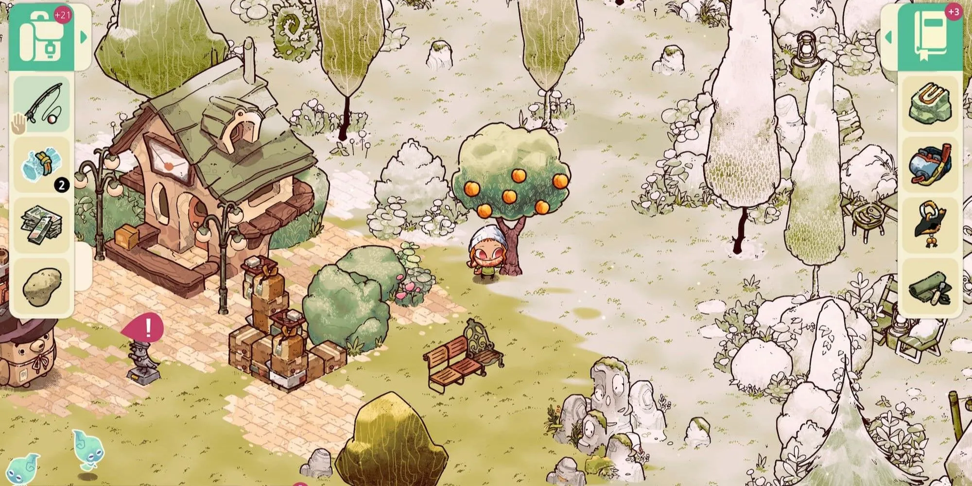 Cây cối đầy màu sắc trong Cozy Grove khi người chơi giúp đỡ các linh hồn, một phần của gameplay hàng ngày tạo ra nội dung chơi lại độc đáo