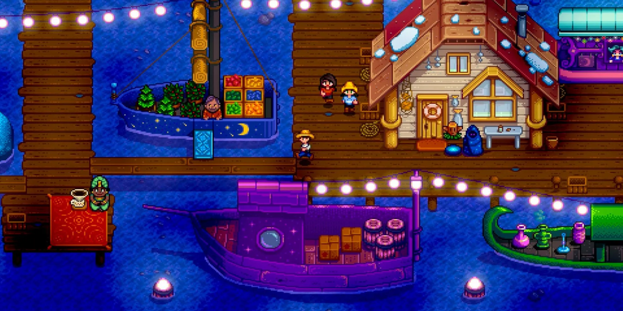 Chợ đêm nhộn nhịp trong Stardew Valley, một trong vô số hoạt động và lễ hội mà người chơi có thể tham gia sau khi hoàn thành cốt truyện, kéo dài trải nghiệm chơi game