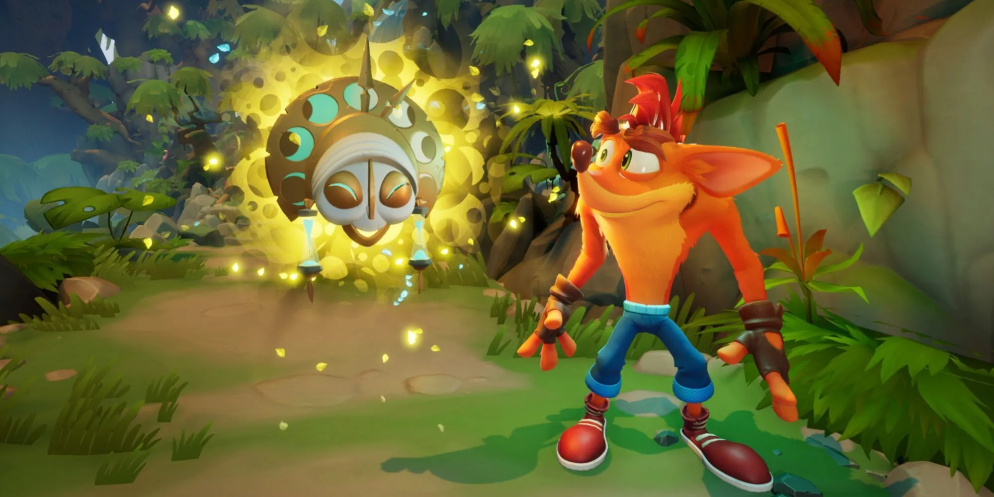 Crash Bandicoot đeo một chiếc mặt nạ mới màu vàng trong game Crash Bandicoot 4 It's About Time