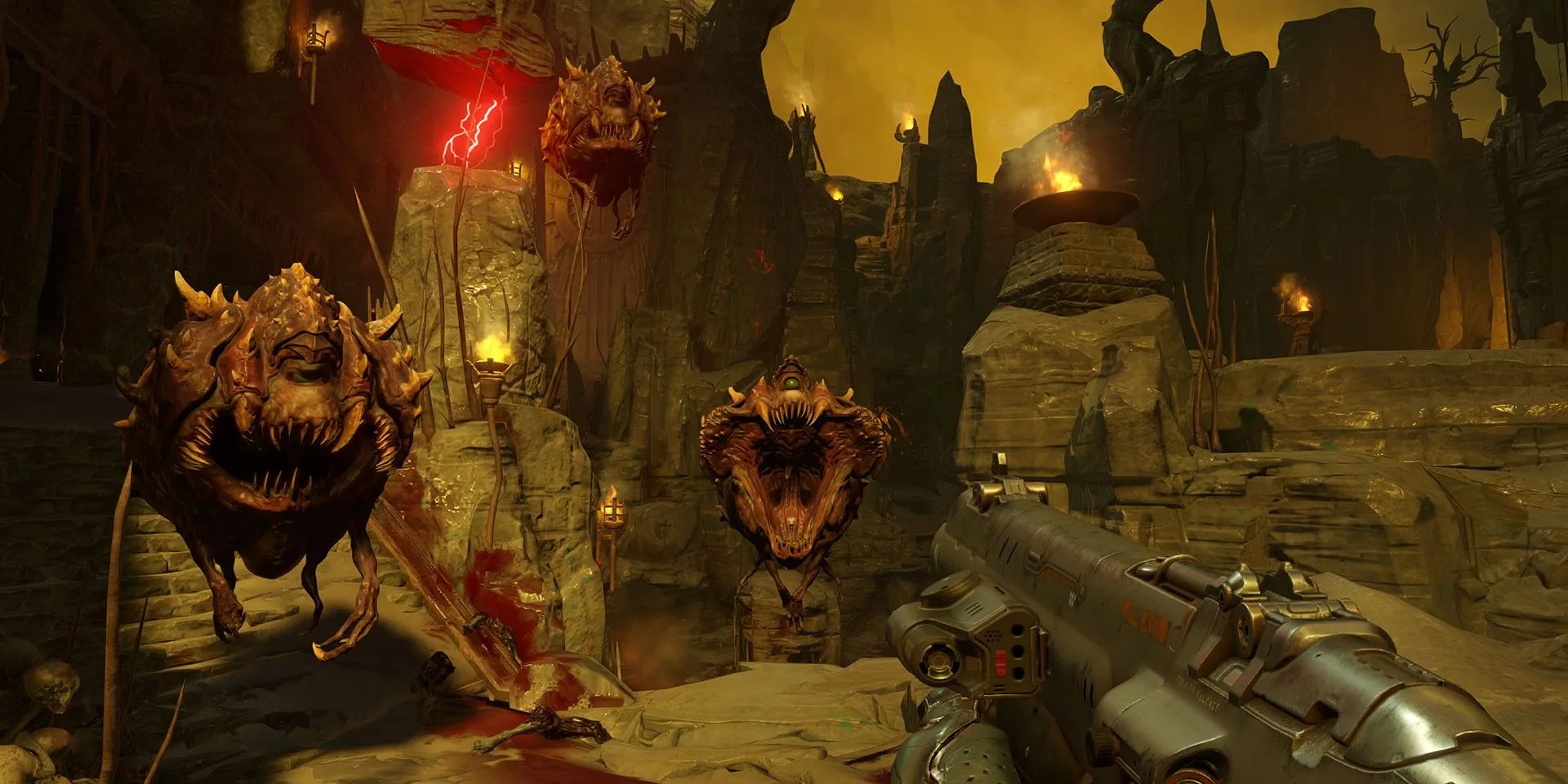Doom Slayer đối mặt với nhiều quỷ Cacodemon trong các trận chiến tốc độ cao của Doom 2016
