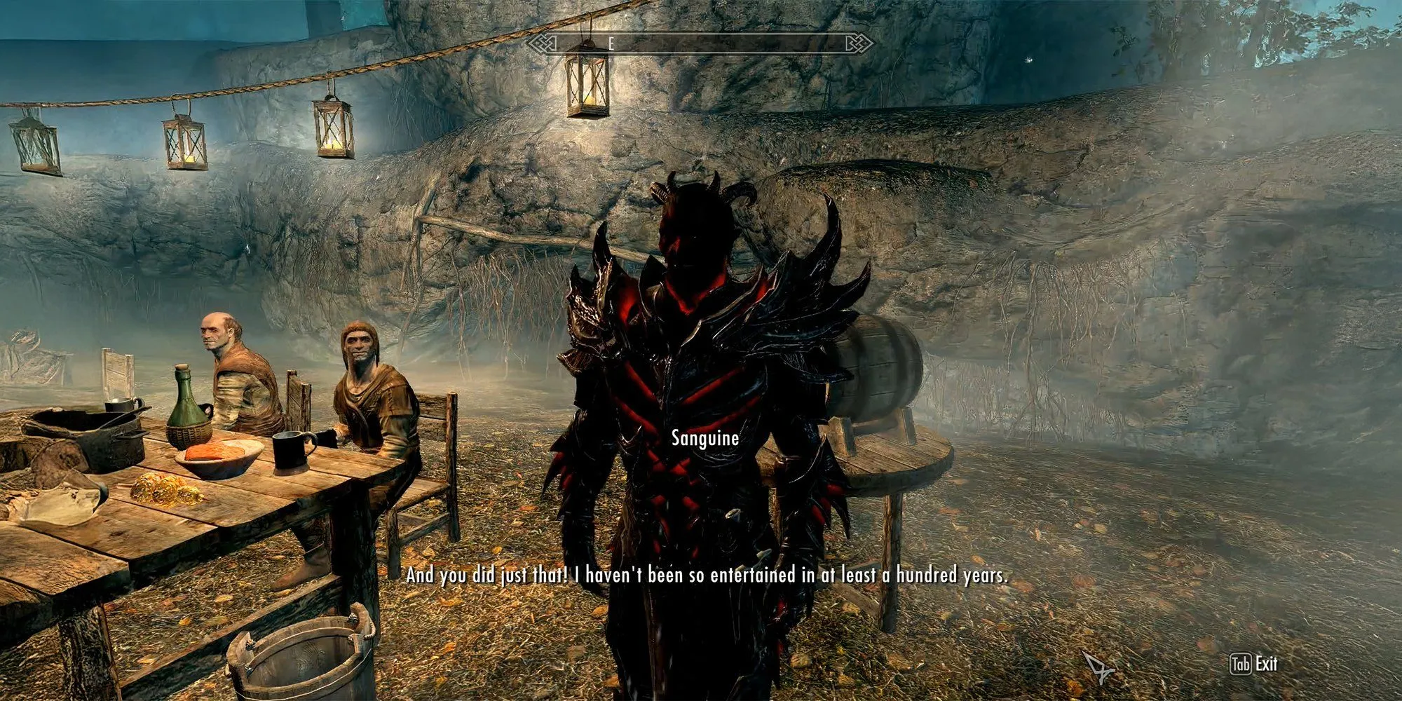 Dragonborn tỉnh dậy sau cuộc nhậu điên rồ với Sanguine trong Skyrim