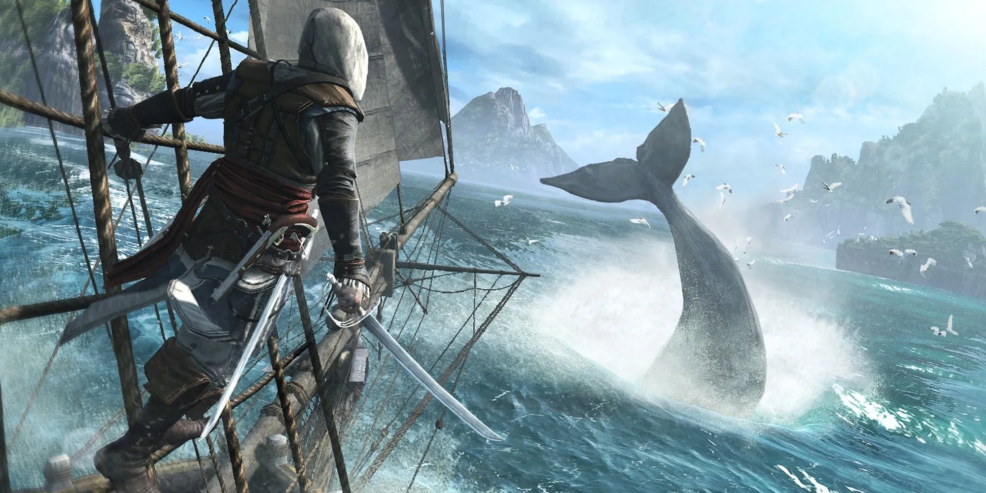 Edward Kenway trên tàu Jackdaw quan sát cá voi trong vùng biển Caribbean của Assassin's Creed 4: Black Flag