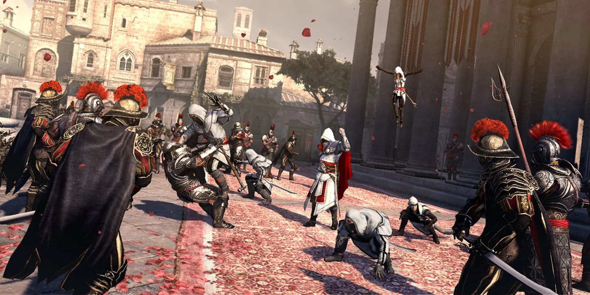 Ezio Auditore chiến đấu với lính gác với sự giúp đỡ của các sát thủ khác trong Assassin's Creed Brotherhood tại Rome