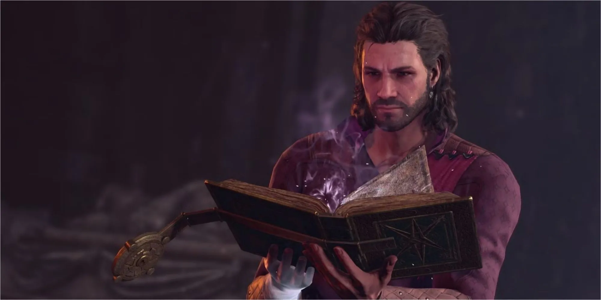 Gale đang đọc sách tại khu trại trong Baldur's Gate 3