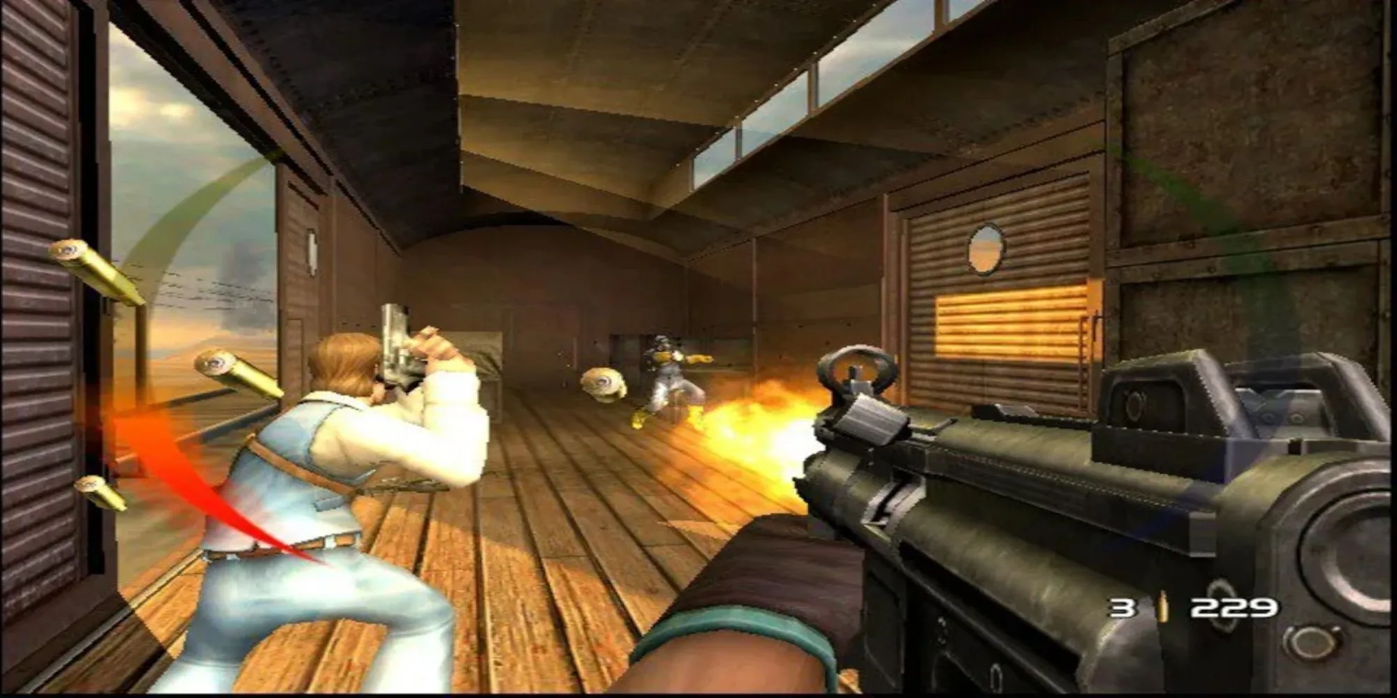 Game thủ cầm chiếc cặp (thay cờ) trong map multiplayer của TimeSplitters Future Perfect