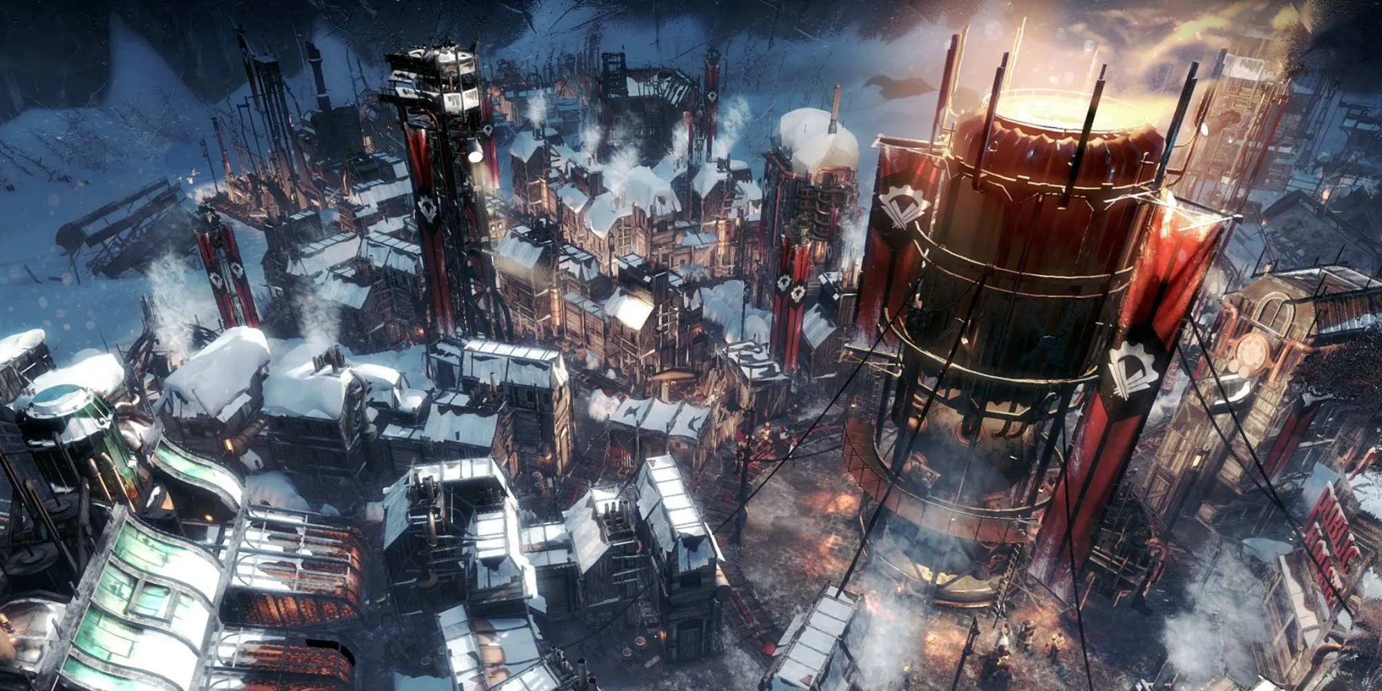Gameplay quản lý thành phố khắc nghiệt trong game Frostpunk gốc.